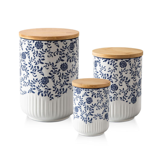 Cerkik Canisters Sets for Kitchen - Ceramic Kitchen Containers for Countertop with Airtight Wood Lids - Flour and Sugar Containers for Coffee Tea Spice Beans Cookie Jars - Blue Set of 3