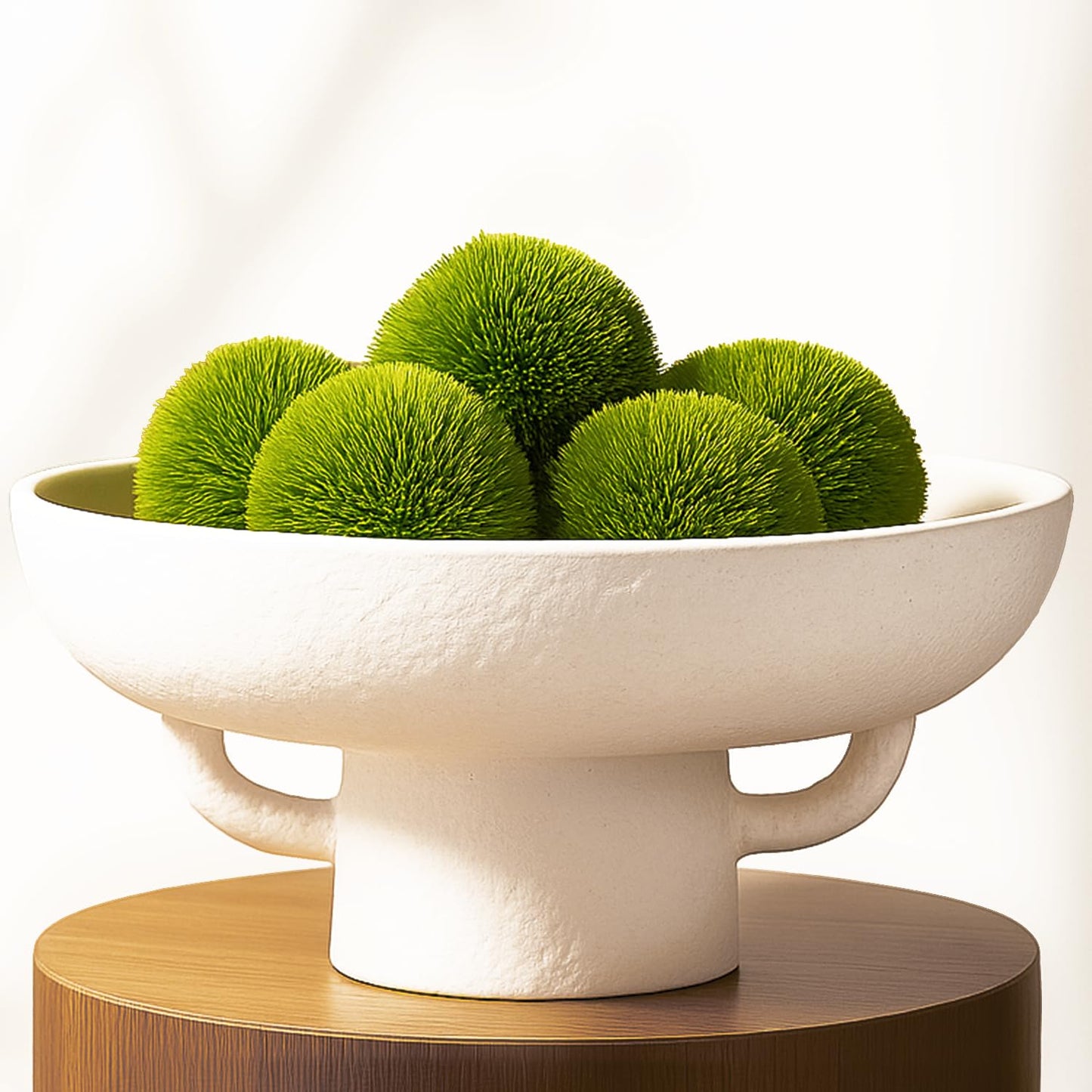 Luxurious White Textured Ceramic Bowl and Greenery Set,12.5x10.5 Inch Pedestal Decorative Bowl, with 6 Green Succulent Moss Balls, Counter Top, Farmhouse Table Centerpiece, Living Room, Kitchen Decor