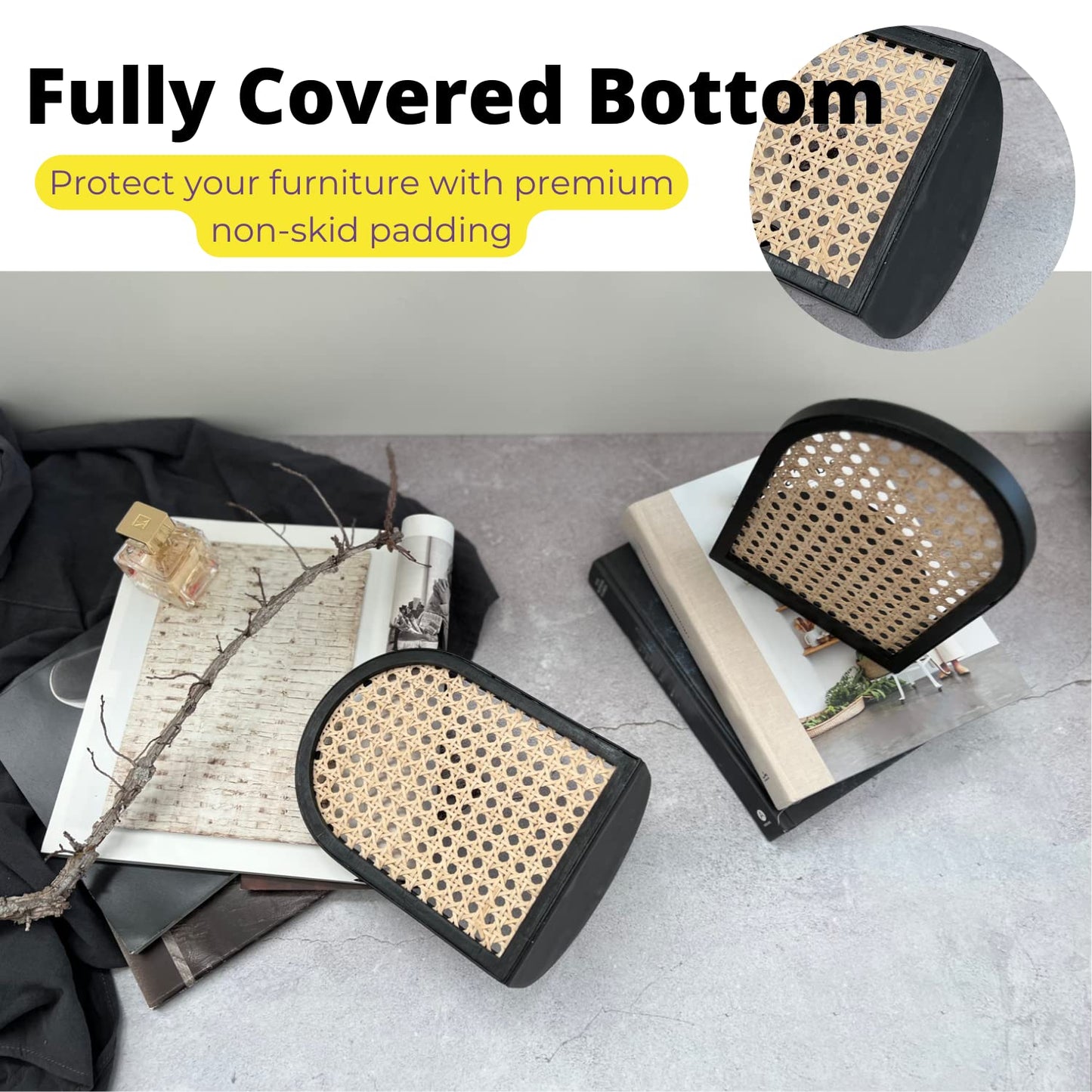 PurpleWares Arch Rattan Decorative Bookends - 9" Heavy Duty Black Metal Book Ends Stopper Non-Skid Bottom for Shelves, Unique Modern Large Book Holder Organizer Bookshelf Decor Display (Extra Tall)