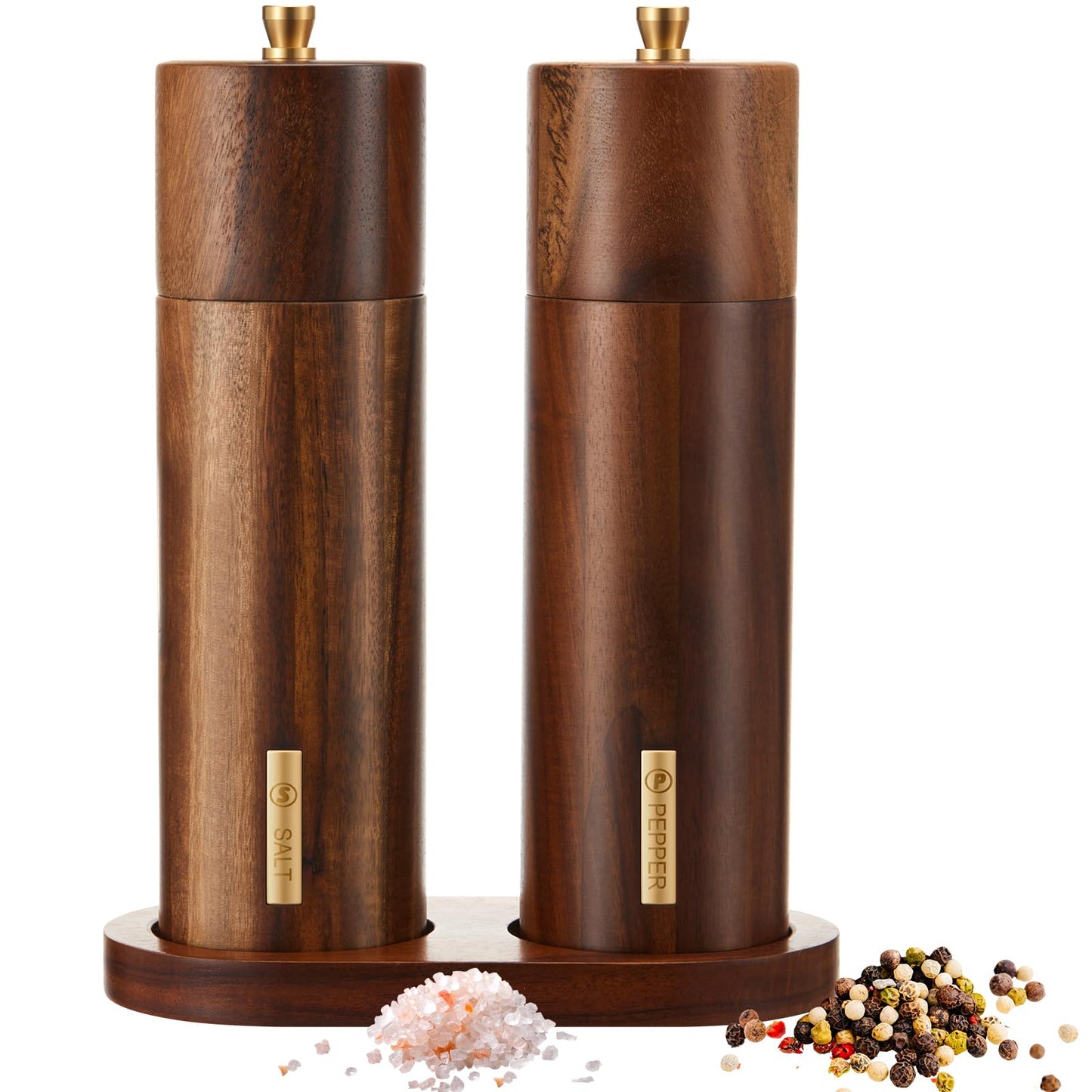 LOYIM Wooden Salt and Pepper Grinder Set 8 Inch Manual Salt and Pepper Mill with Tray Adjustable Coarseness Refillable Wood Grinders with Gold Bottle Label for Kitchen(Wood Color)