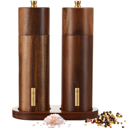 LOYIM Wooden Salt and Pepper Grinder Set 8 Inch Manual Salt and Pepper Mill with Tray Adjustable Coarseness Refillable Wood Grinders with Gold Bottle Label for Kitchen(Wood Color)