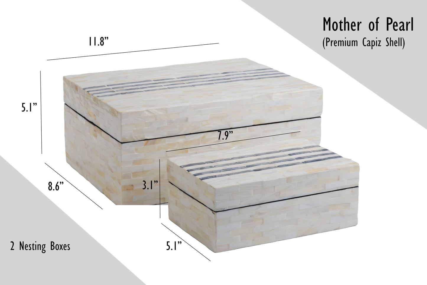 PEMAR Set of 2 Mother of Pearl Decorative Boxes w Lids, Handmade Mosaic Keepsake Jewelry Box Treasure Chest, Shelf Decorative Wooden Box for Memory, Tea Bags, Coffee, Accessories (Black Stripes)