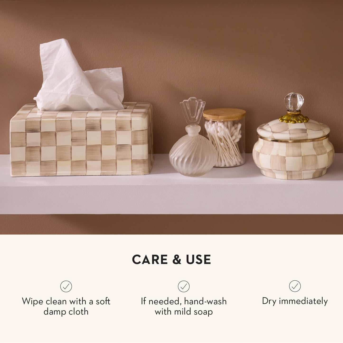 MACKENZIE-CHILDS Boutique Square Tissue-Box Cover, Tissue Holder for Home Decor, Brown-and-White Mocha Check