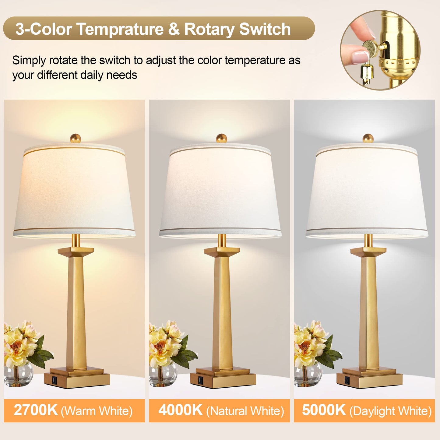 ROTTOGOON 29" Gold Table Lamps for Living Room Set of 2, 3-Color Temperature Nightstand Modern Lamps with Dual USB Charging Ports, Resin Brass Tall Lamp for Bedrooms (LED Bulbs Included)