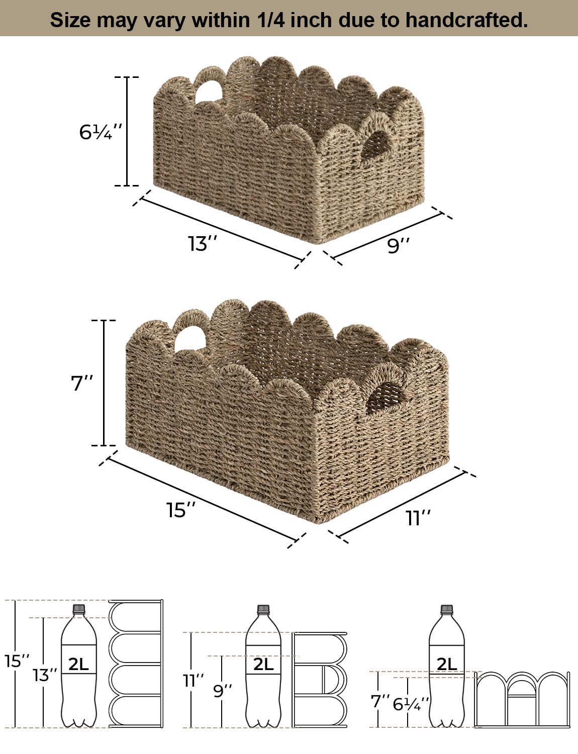 StorageWorks Scalloped Edge Wicker Basket, Hand-woven Rattan Baskets with Built-in Handles, Seagrass Basket for Organizing and Decor, 2 Pack