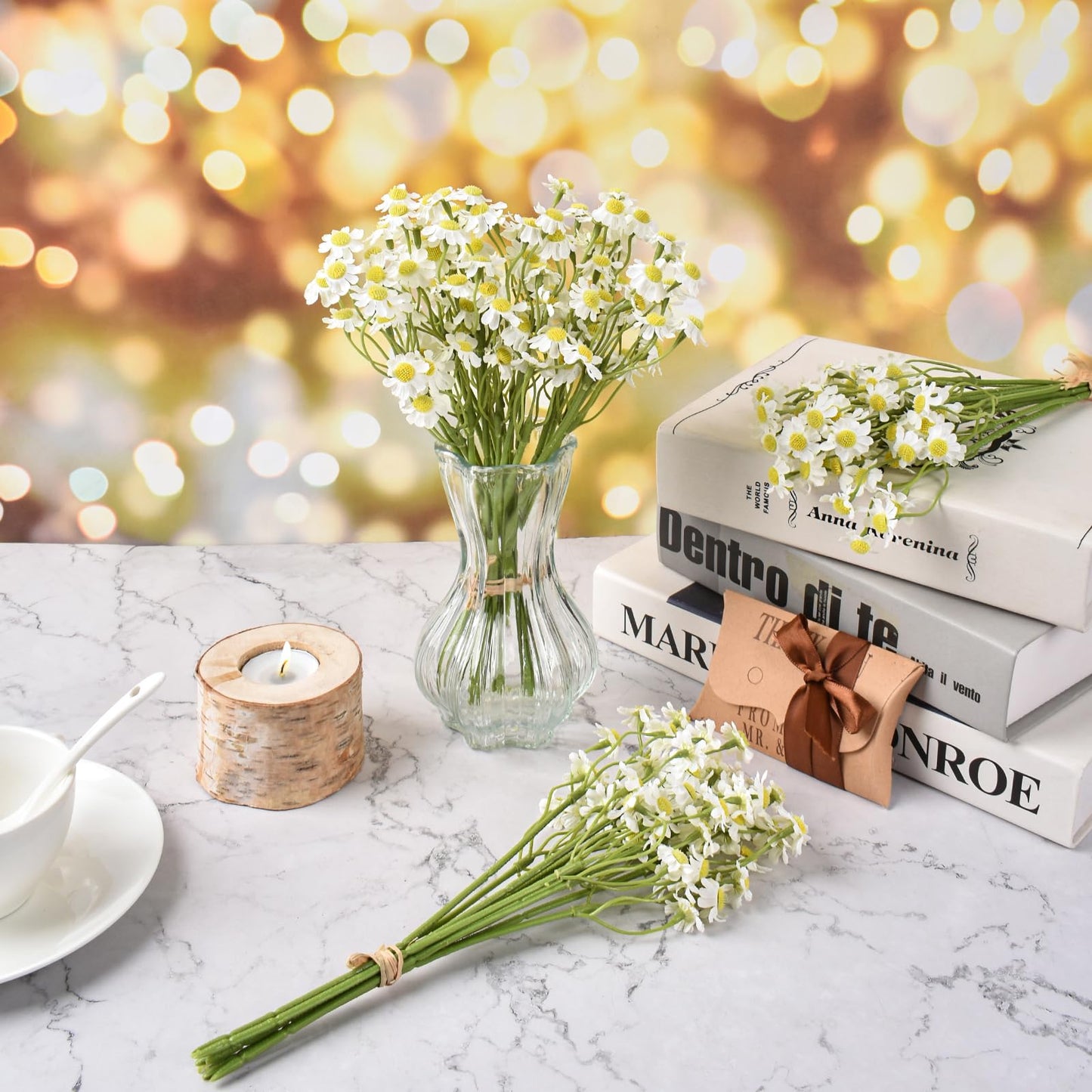 Hanycon 2 Bundles Small Artificial Daisy Flowers Bouquet Faux Silk Tiny Daisy Flowers for Home Garden Vase Decor (White)