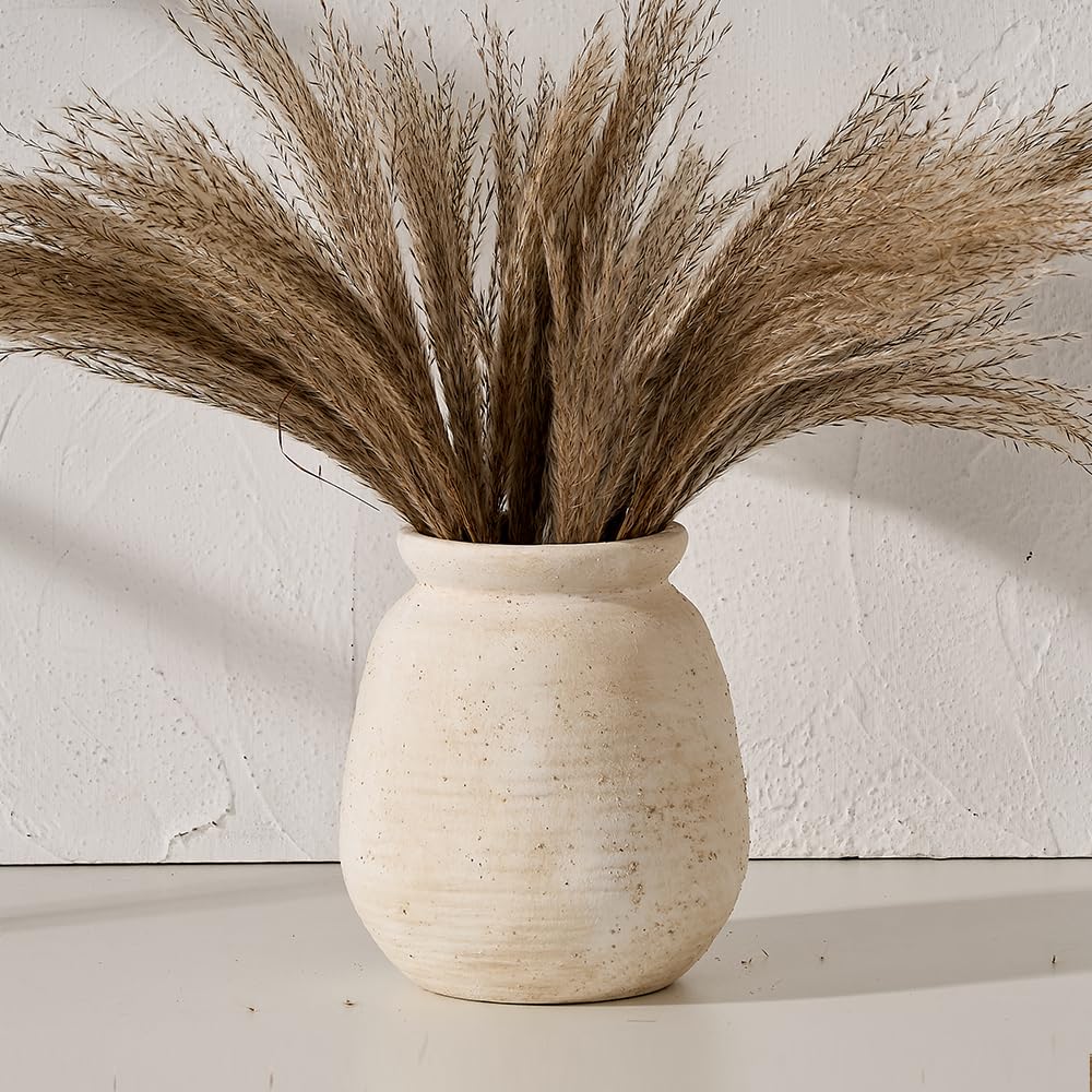 SIDUCAL Ceramic Rustic Farmhouse Vase | 7.3 Inch Pottery Decorative Flower for Home Decor | Sand Glaze Finish Boho Vase for Table, Living Room, Bathroom Decoration, Shelf Decor, Mantel, White