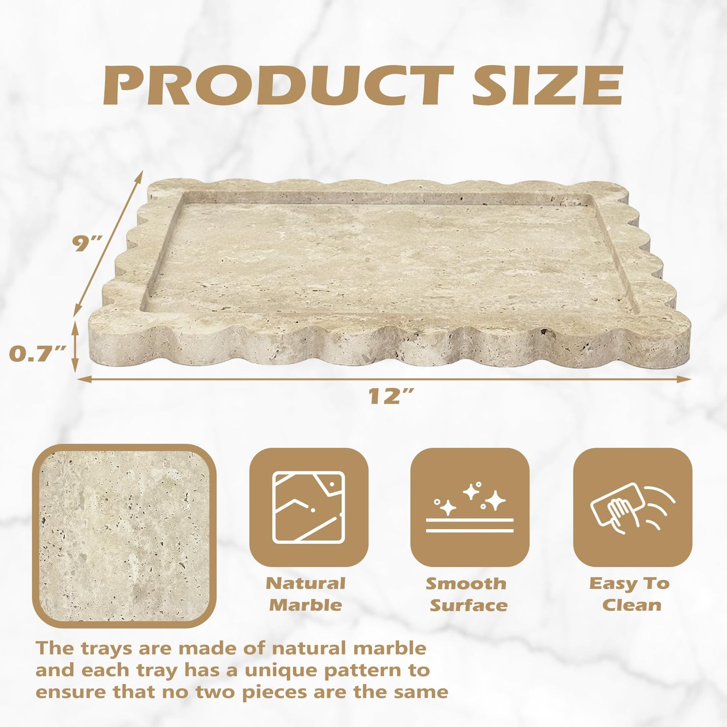 Marble Tray 100% Marble Vanity Trays for Bathroom 12" x 9", Scalloped Tray, Marble Tray for Kitchen Counter, Bathroom (Beige Travertine)