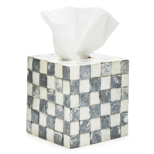 MACKENZIE-CHILDS Boutique Square Capiz Tissue-Box Cover, Decorative Tissue Holder, Gray-and-White Sterling Check