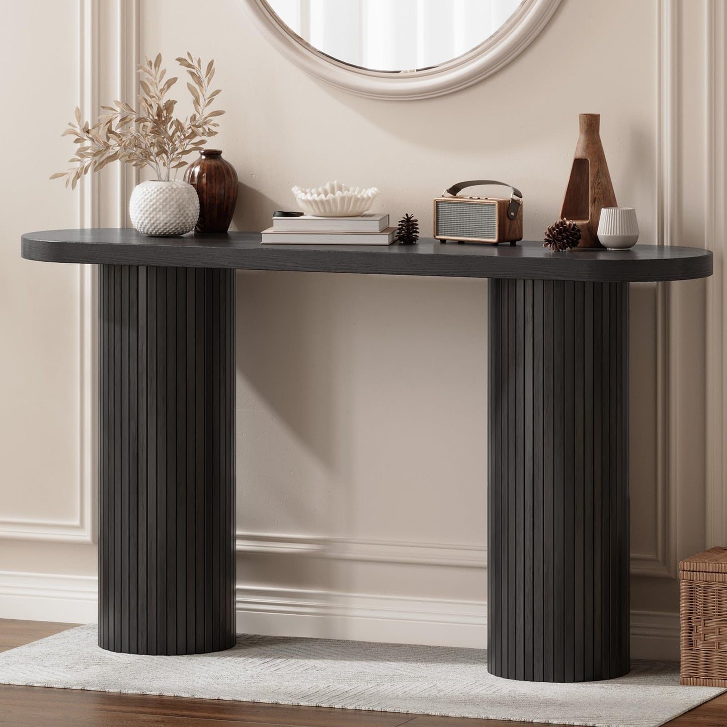 ONBRILL 55 Inch Fluted Entryway Table, Sofa Table Behind The Couch, Long Console Tables, Modern Entrance Stand for Hallway, Living Room Foyer, Farmhouse Style (Black)