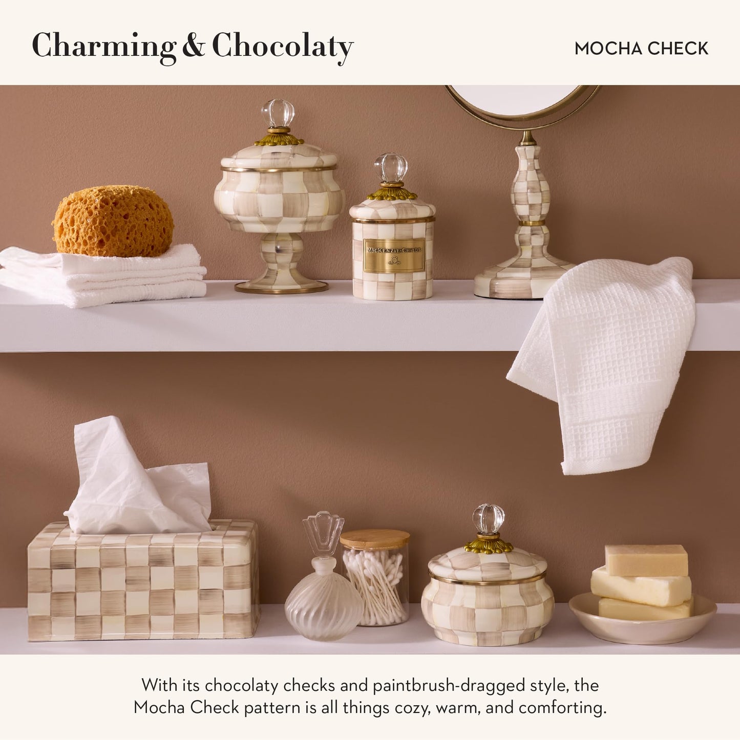 MACKENZIE-CHILDS Boutique Square Tissue-Box Cover, Tissue Holder for Home Decor, Brown-and-White Mocha Check