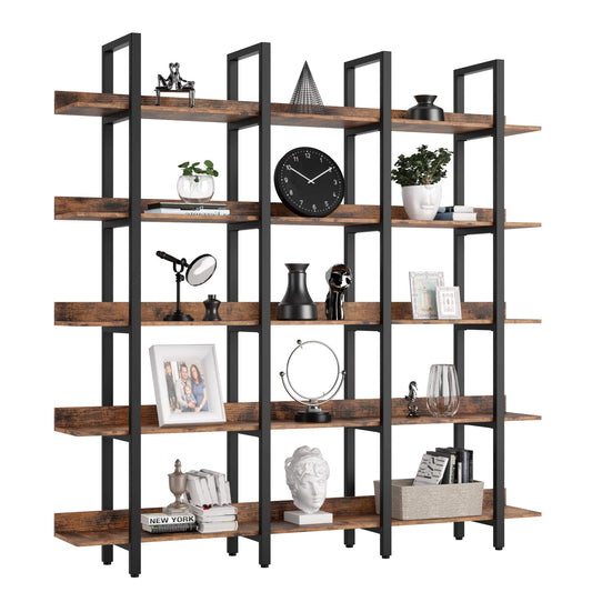 IRONCK Bookcase and Bookshelves Triple Wide 5 Tiers Large Open Shelves, Etagere Bookcases with Back Fence for Home Office Decor, Easy Assembly, Vintage Brown