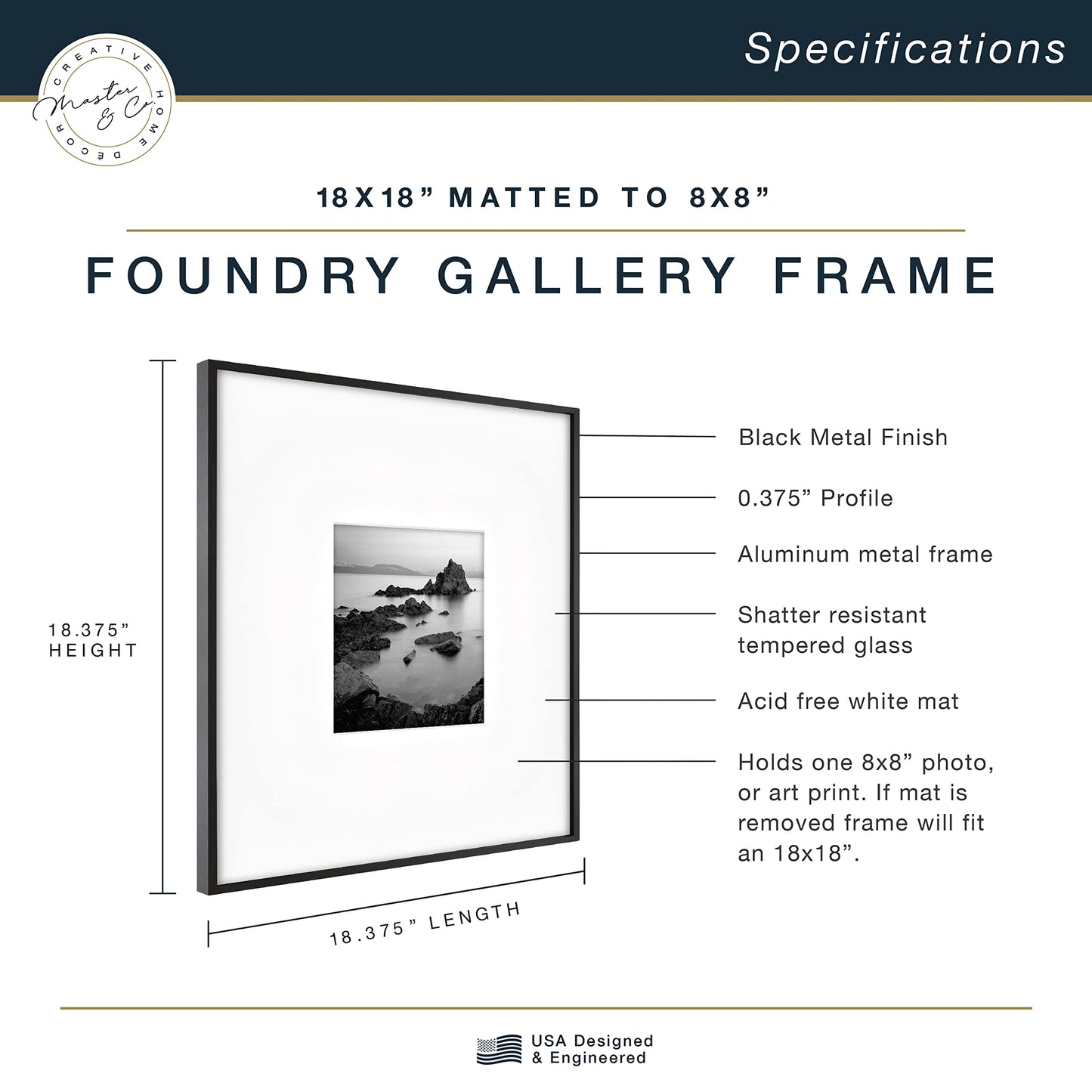 MCS Master & Co. Foundry Metal 18x18 Matted Picture Frame with 8x8 Photo Display, Black Vertical & Horizontal Wall Hanging Frame for Photos & Artwork (1-Pack)