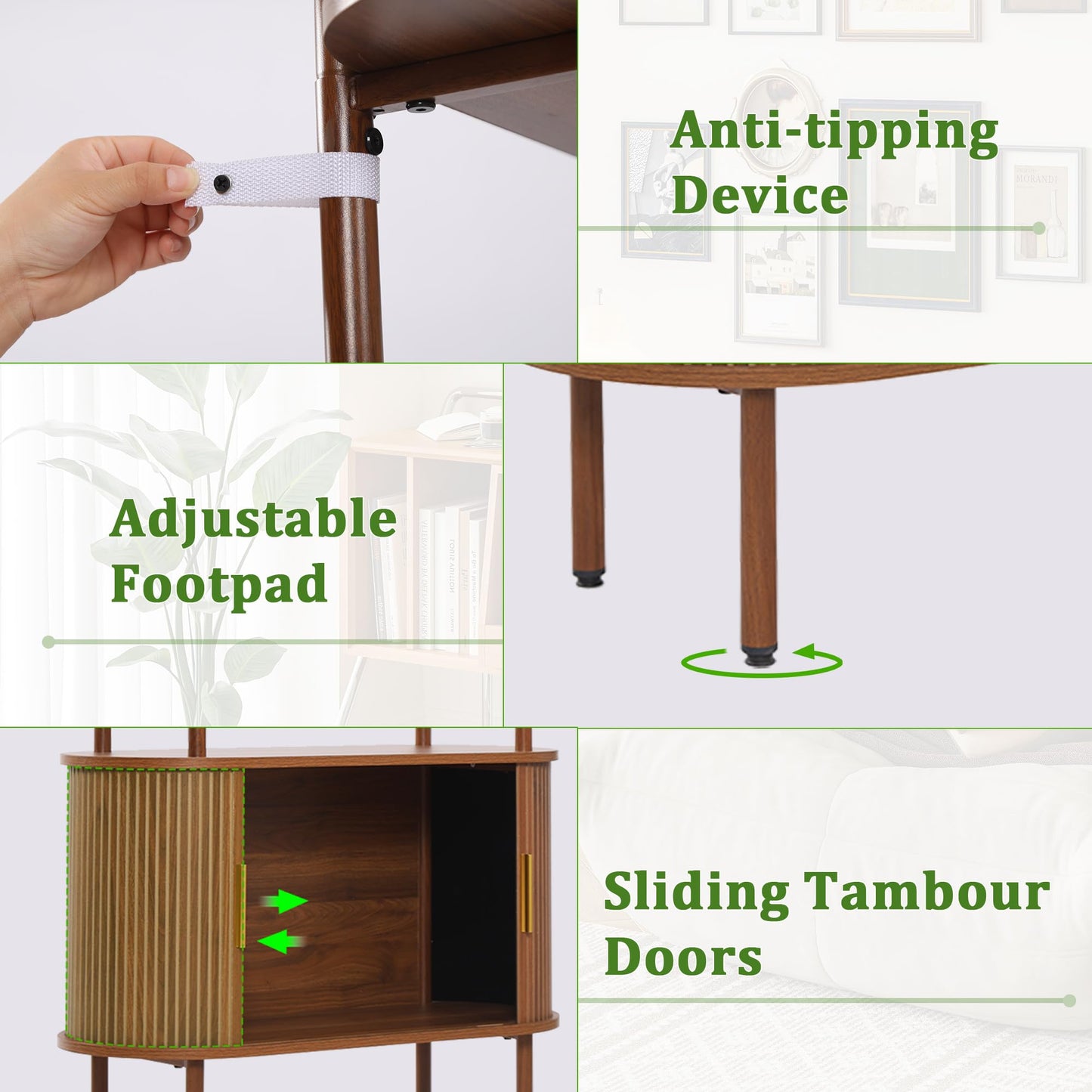 71" Tall Fluted Arched Bookshelf with Sliding Tambour Doors, Mid Century Modern Metal Curved Bookshelf Cabinet with Storage, 4-Tier Open Display Storage Shelf for Home Office, Living Room (Walnut)