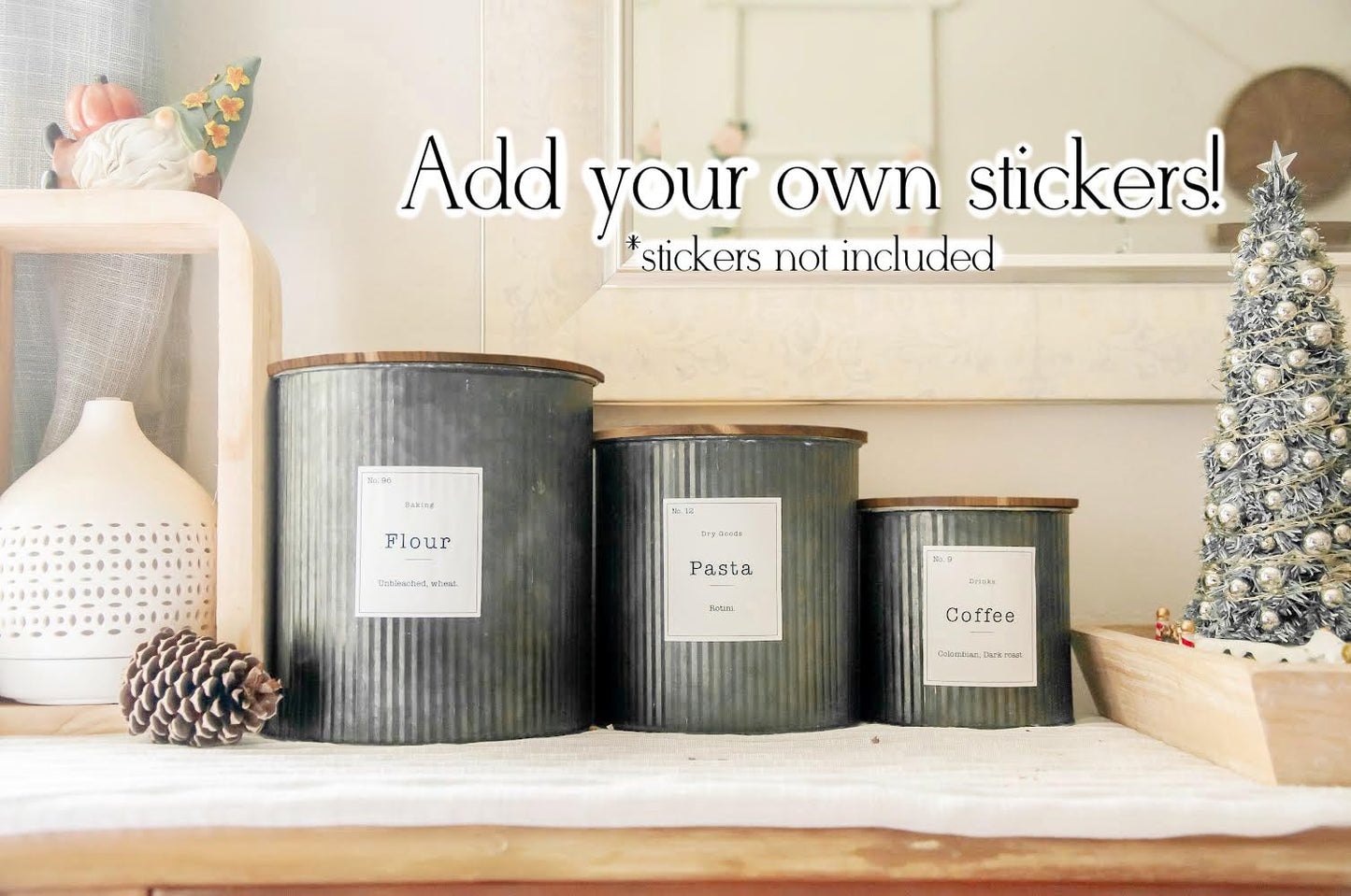 Farmhouse Kitchen Canisters for Countertop - Approx. 5, 4 & 2 Quart/Tin Canisters Sets for the Kitchen/Rustic Home Decor/Modern Farmhouse Decor (Acacia)