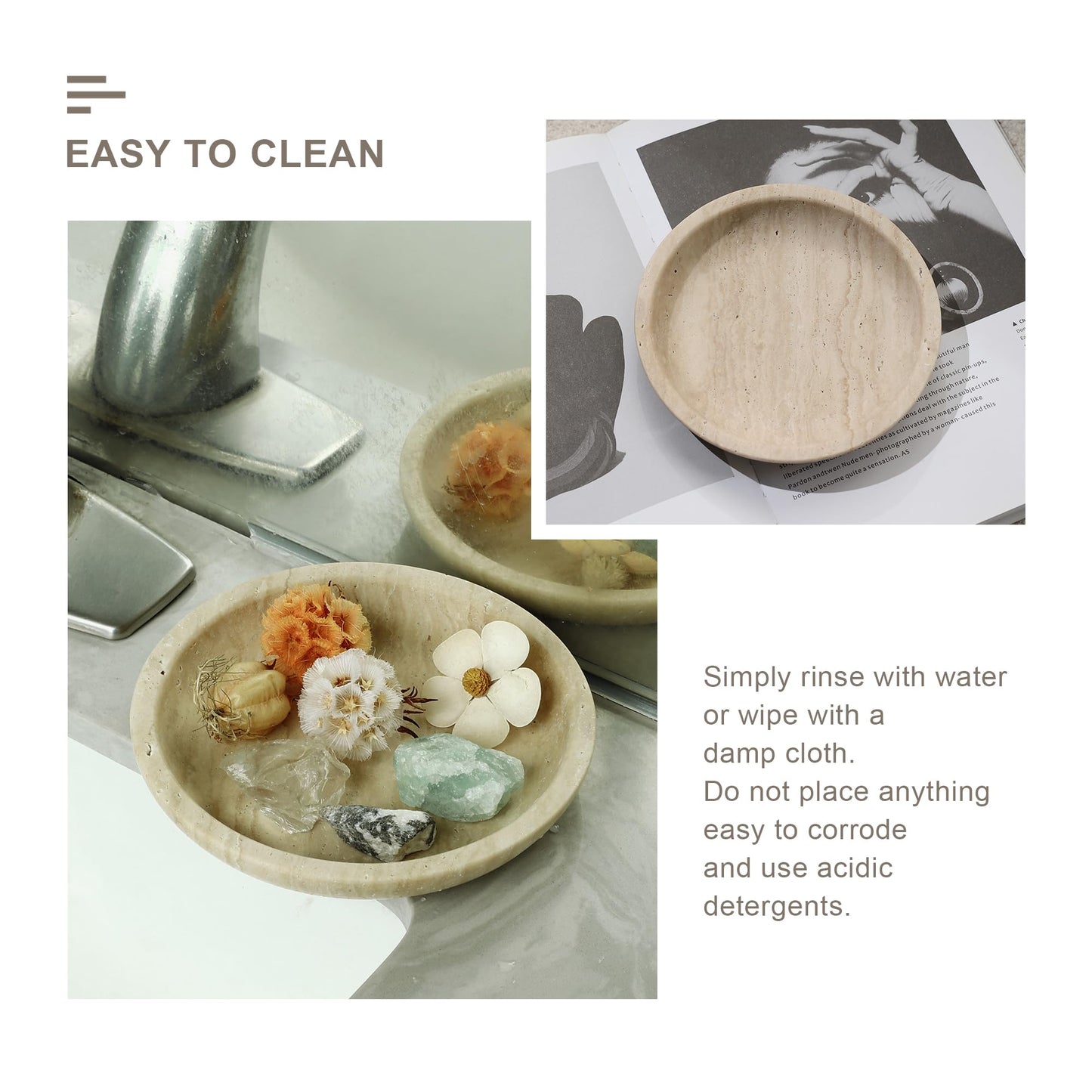 SZGYCSM Travertine Jewelry Dish Tray - Decorative Stone Catchall Bowl for Entryway Table, Keys & Rings Holder, Natural Marble Home Decor Organizer (5.5 Inch)