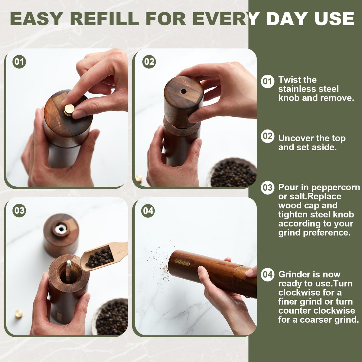 LOYIM Wooden Salt and Pepper Grinder Set 8 Inch Manual Salt and Pepper Mill with Tray Adjustable Coarseness Refillable Wood Grinders with Gold Bottle Label for Kitchen(Wood Color)