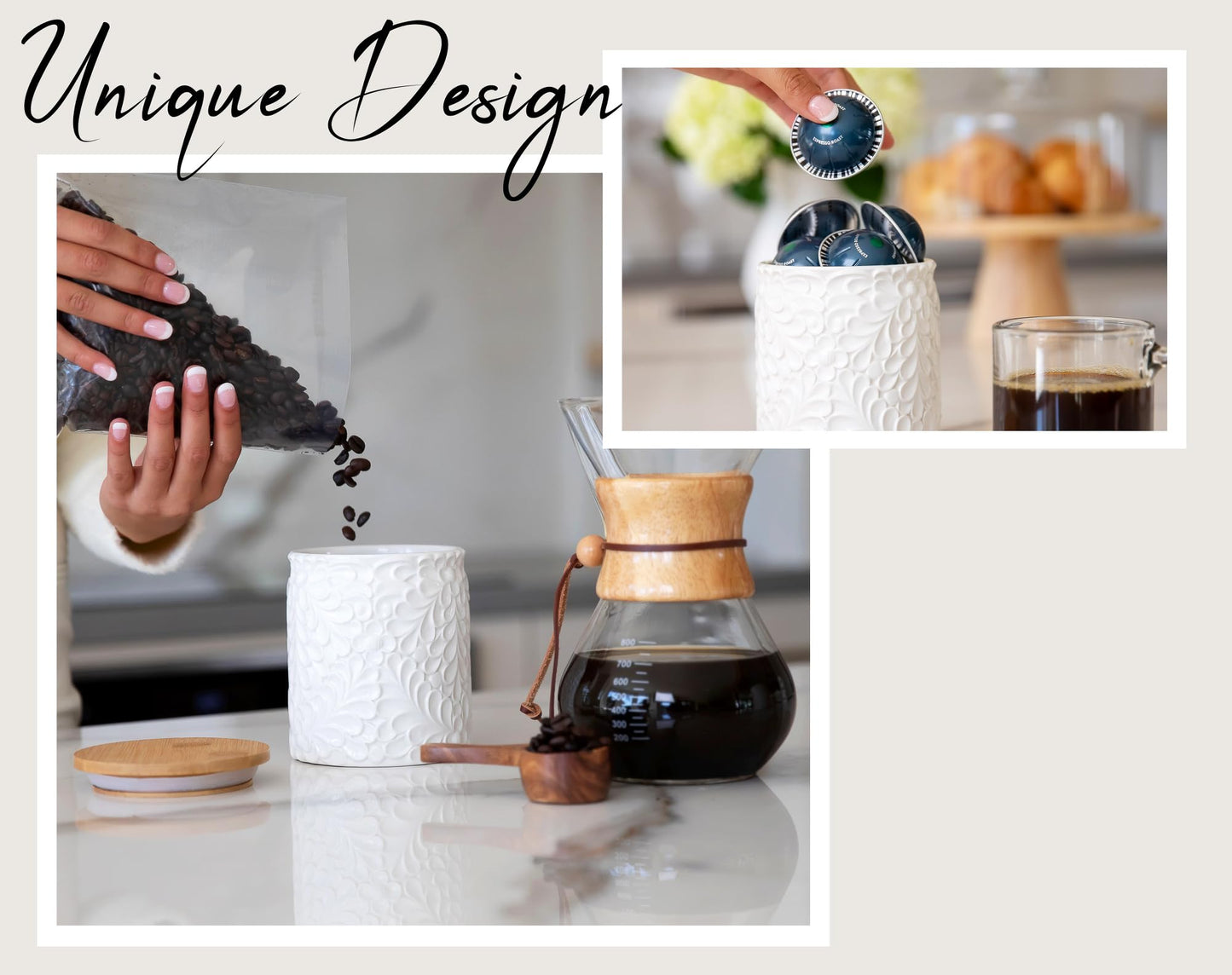 Small Engraved Ceramic Kitchen Canister - Storage Jars with Airtight Lids Made from Bamboo with Nature-Inspired Engraving - Use as a Pasta Holder, Coffee Ground Holder, Rice Container - 30 Ounces