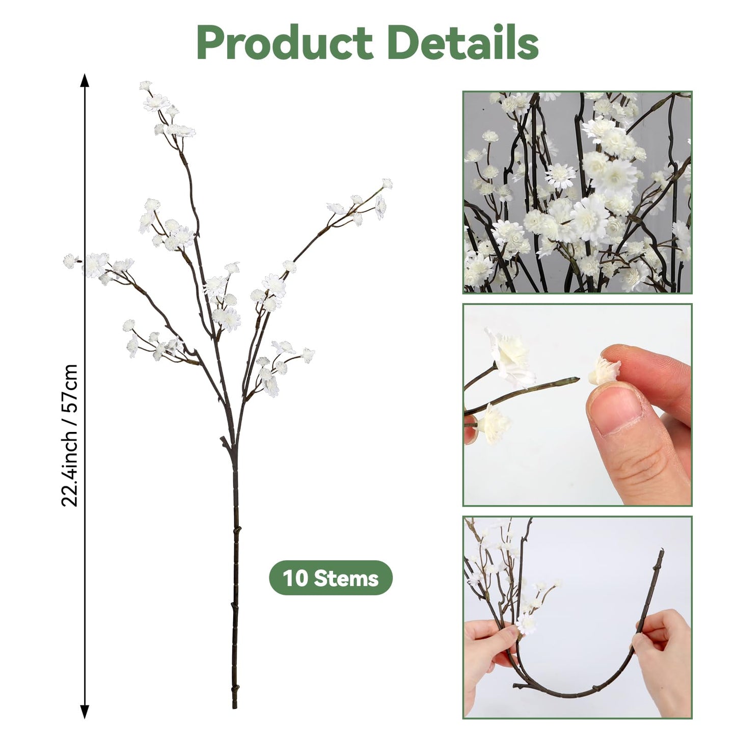 Geegoods 10 Stems White Faux Flowers for Vase – Real Touch Baby Breath Branches, Long Stem Artificial Flowers for Tall Vase Indoor Home Table Centerpieces Decoration