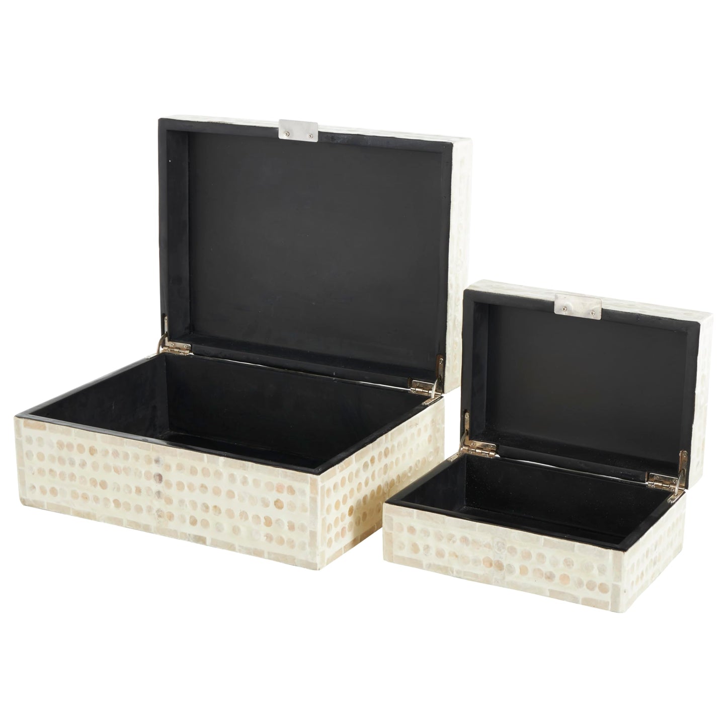 Deco 79 Mother of Pearl Shell Geometric Handmade Decorative Box Mosaic Dot Storage Decorative Keepsake Box with Brown Accents, Set of 2 Storage Box 12", 8"W, Cream