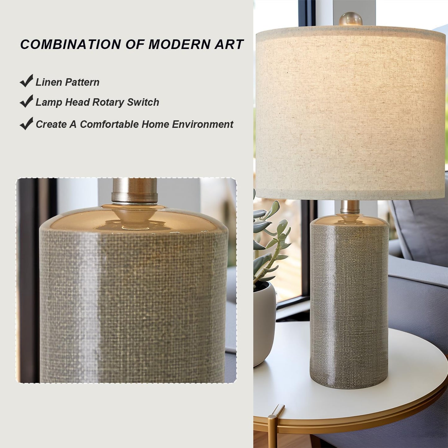 G-SAFAVA 20.25/inch Modern Ceramic Table lamp Set of 2 Small Farmhouse Bedside lamp Dark Grey Nightstand Lamp End Table Lamps for Living Room Bedroom Study Office AMZ-T1109DG0