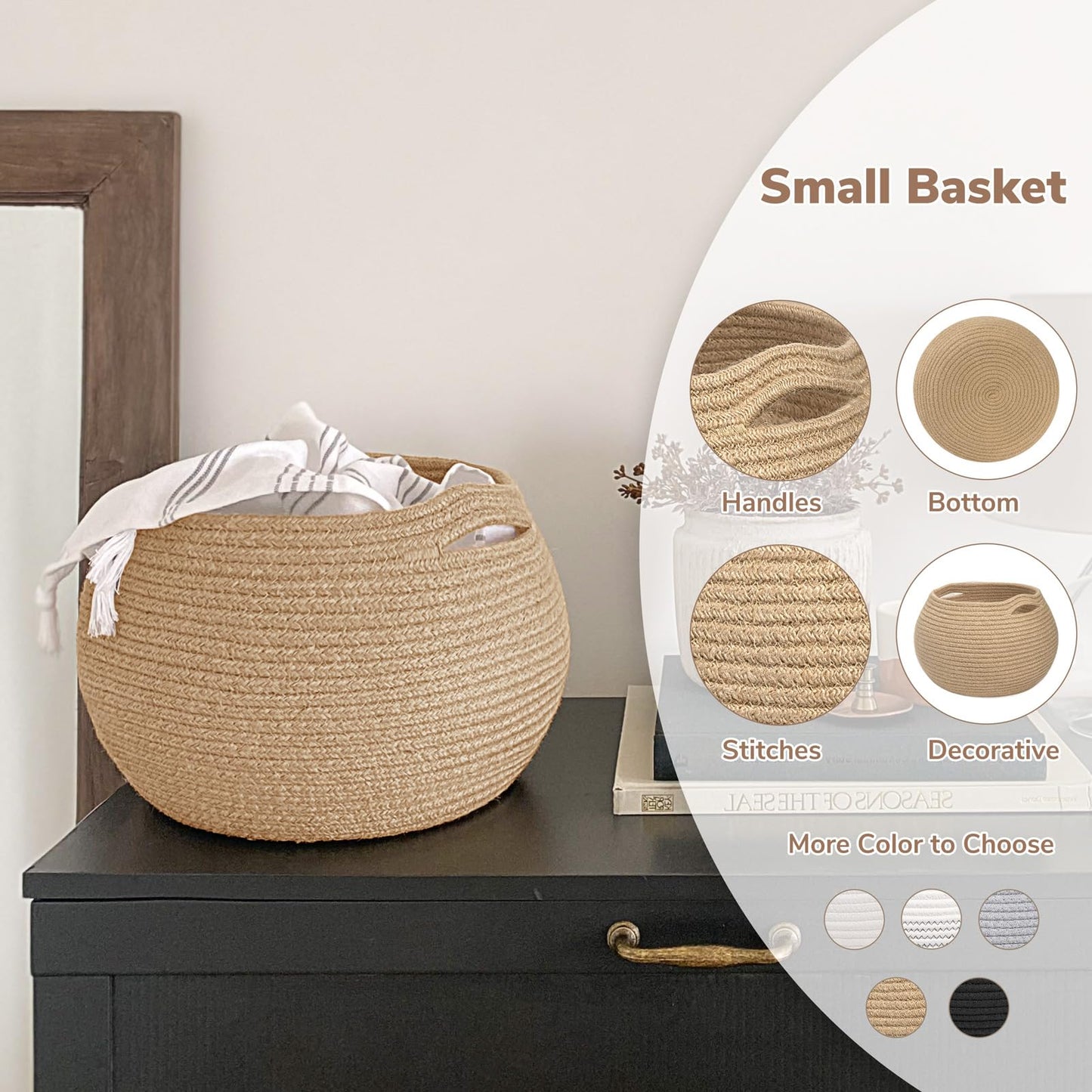 Goodpick Wicker Storage Basket for Living Room, Small Round Woven Basket for Toys, Towel, Bedroom, Children Corner Decoration Plant Baskets Indoor, Jute, 10"D x 8.3"H