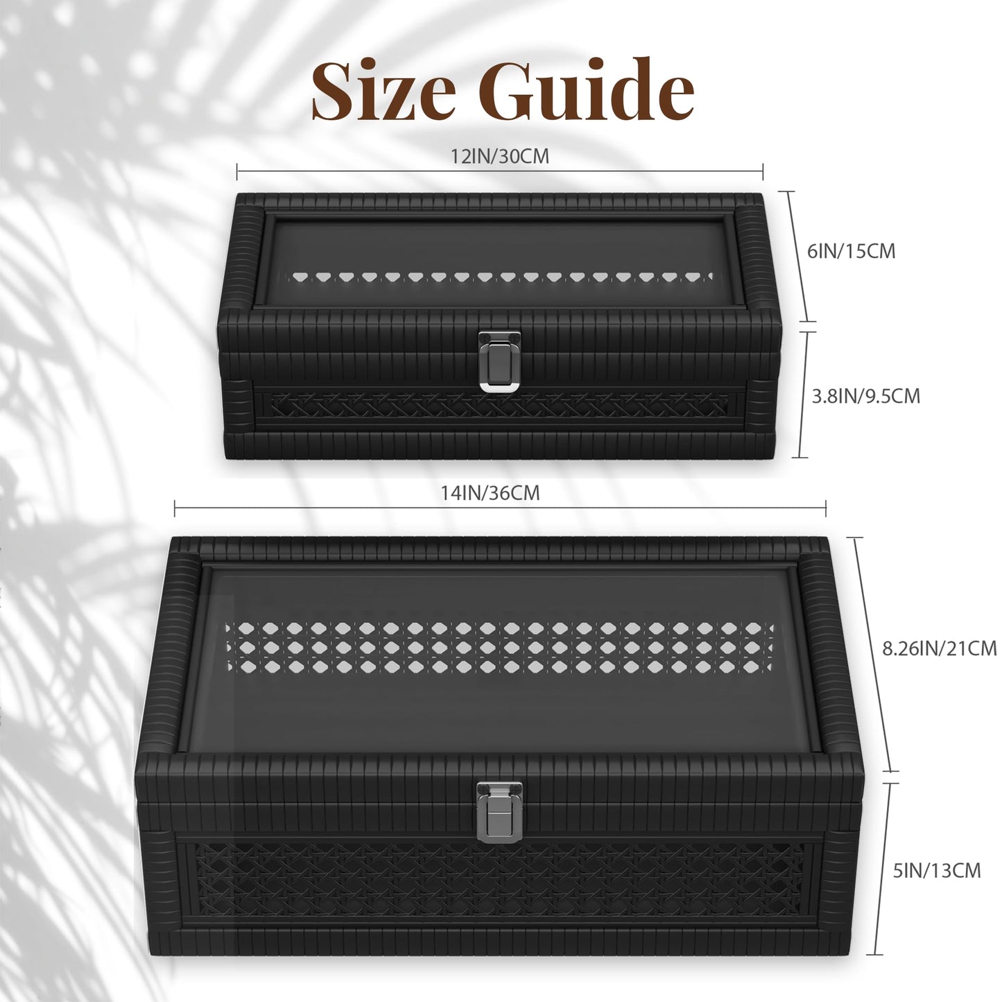 Fllamo Rattan Decorative Box,Boho Display Boxes with Lids,Set of 2 Rectangular Wicker Storage Decoration,Natural Woven Cane Bins for Home Decor for Rustic Farmhouse(Black)