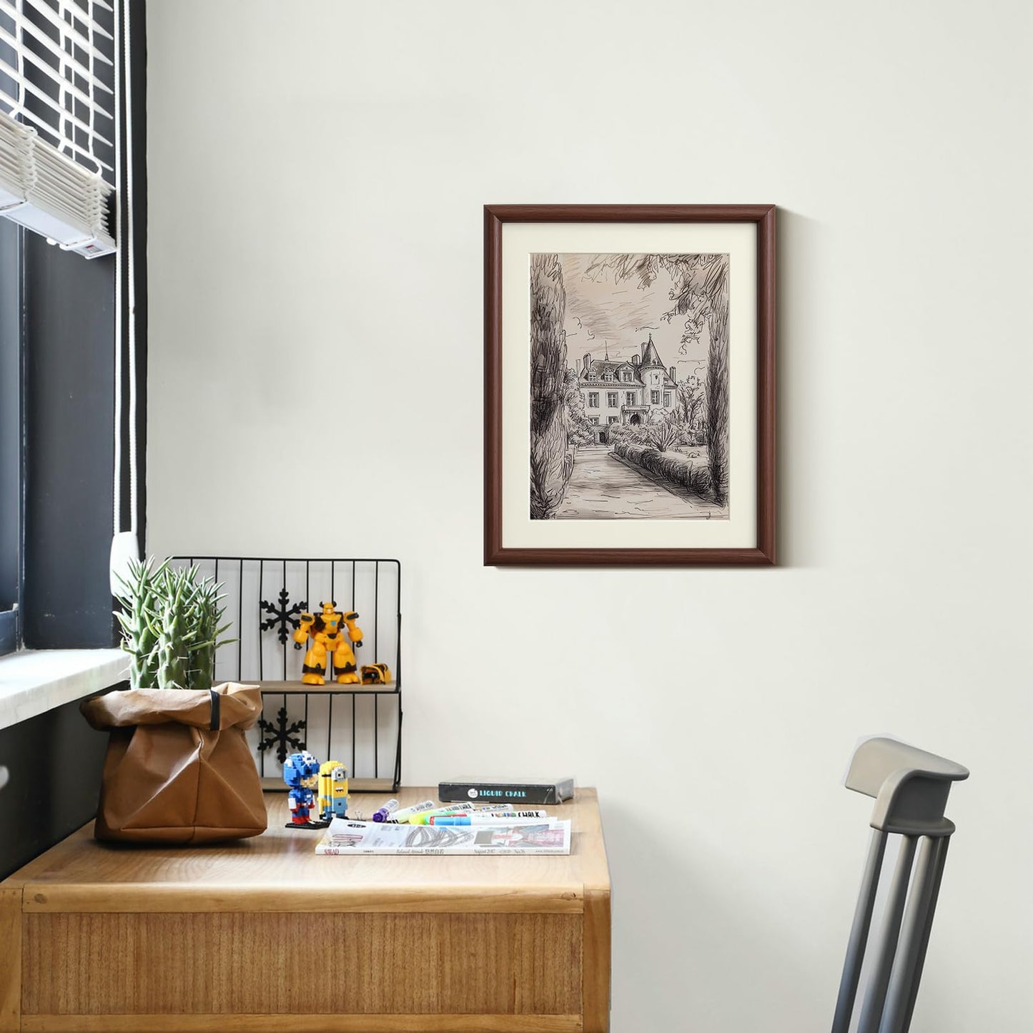 InSimSea Framed Canvas Wall Art with Mat, Vintage Neutral Architecture Sketch Prints Picture, Vintage Landscape Wall Art for Living Room Bedroom Office, 11x14 Inch(Walnut)