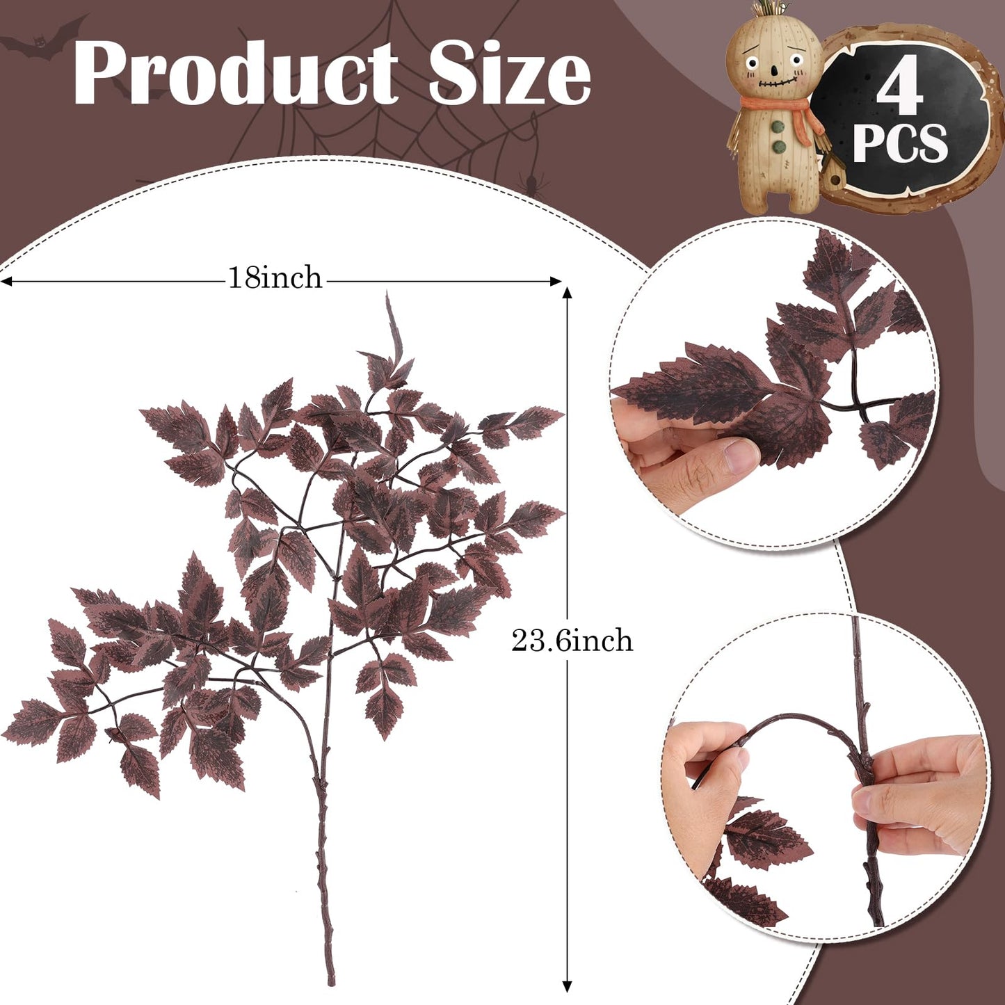 Hananona 4 Pcs Artificial Cimicifuga Leaf Spray, 23 in Faux Burgundy Fall Greenery Branch with Long Stems for Vase, Farmhouse Thanksgiving Autumn Centerpiece Halloween Decor (4, Chocolate, 23 in)