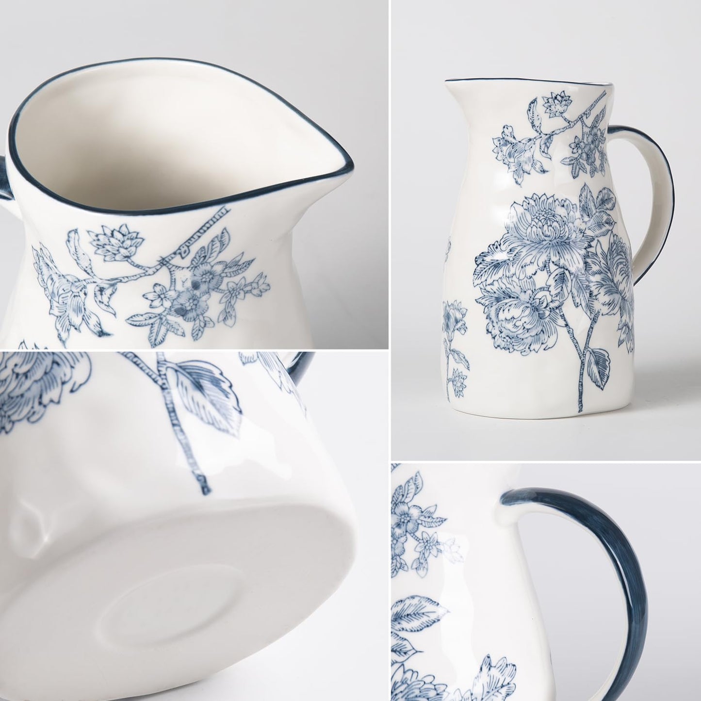 Magclay Ceramic Pitcher Vase, Blue and White Jug for Home Decor, Chinoiserie Vase Decor, Decorative Pitcher with Handle