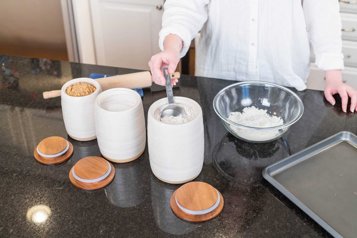 Nat & Jules Lidded Cream 6 inch Ceramic and Wood Kitchen Canisters Set of 3