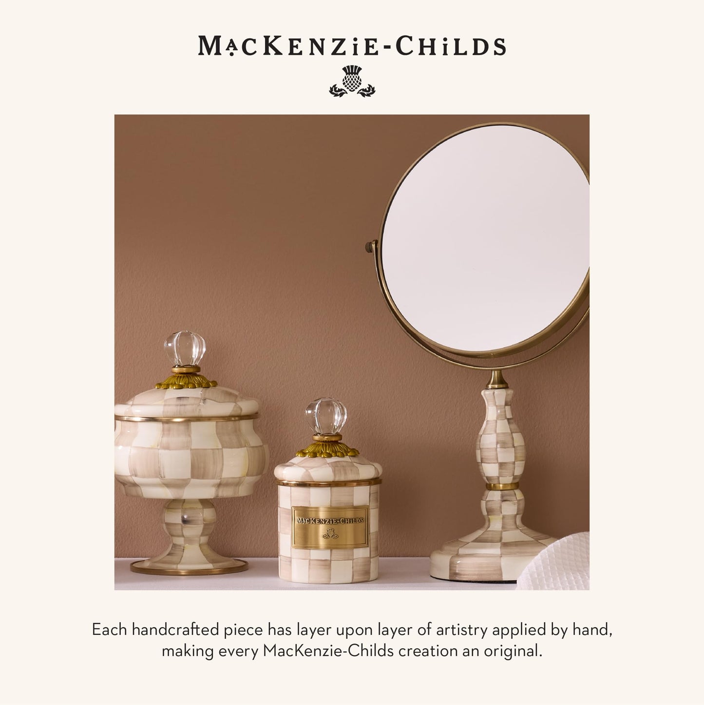 MACKENZIE-CHILDS Boutique Square Tissue-Box Cover, Tissue Holder for Home Decor, Brown-and-White Mocha Check