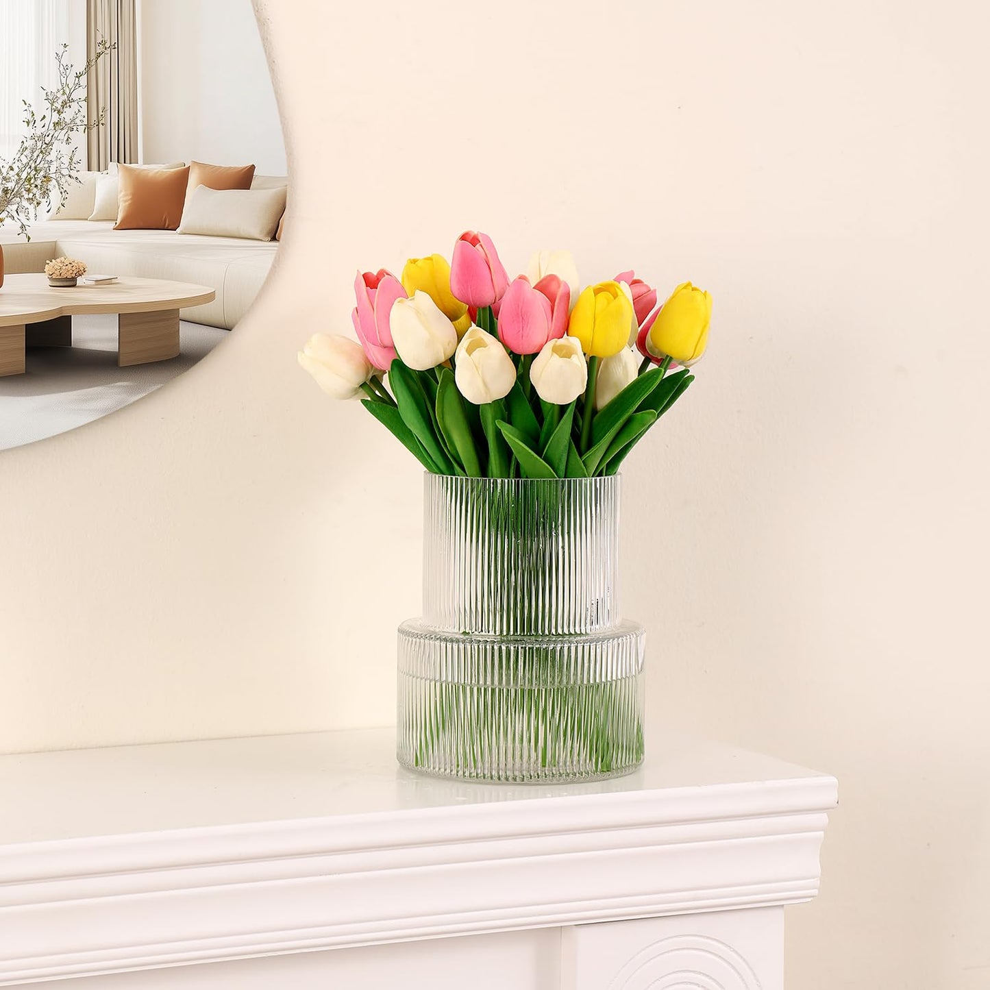 YANWE1 Ribbed Glass Vase, Flower Vase, Fluted Clear Vases for Flowers, Modern Vases for Living Room, Dining Table, Entryway, Shelf, Wedding, Office, Coffee Table, Birthday, 7.5 Inches