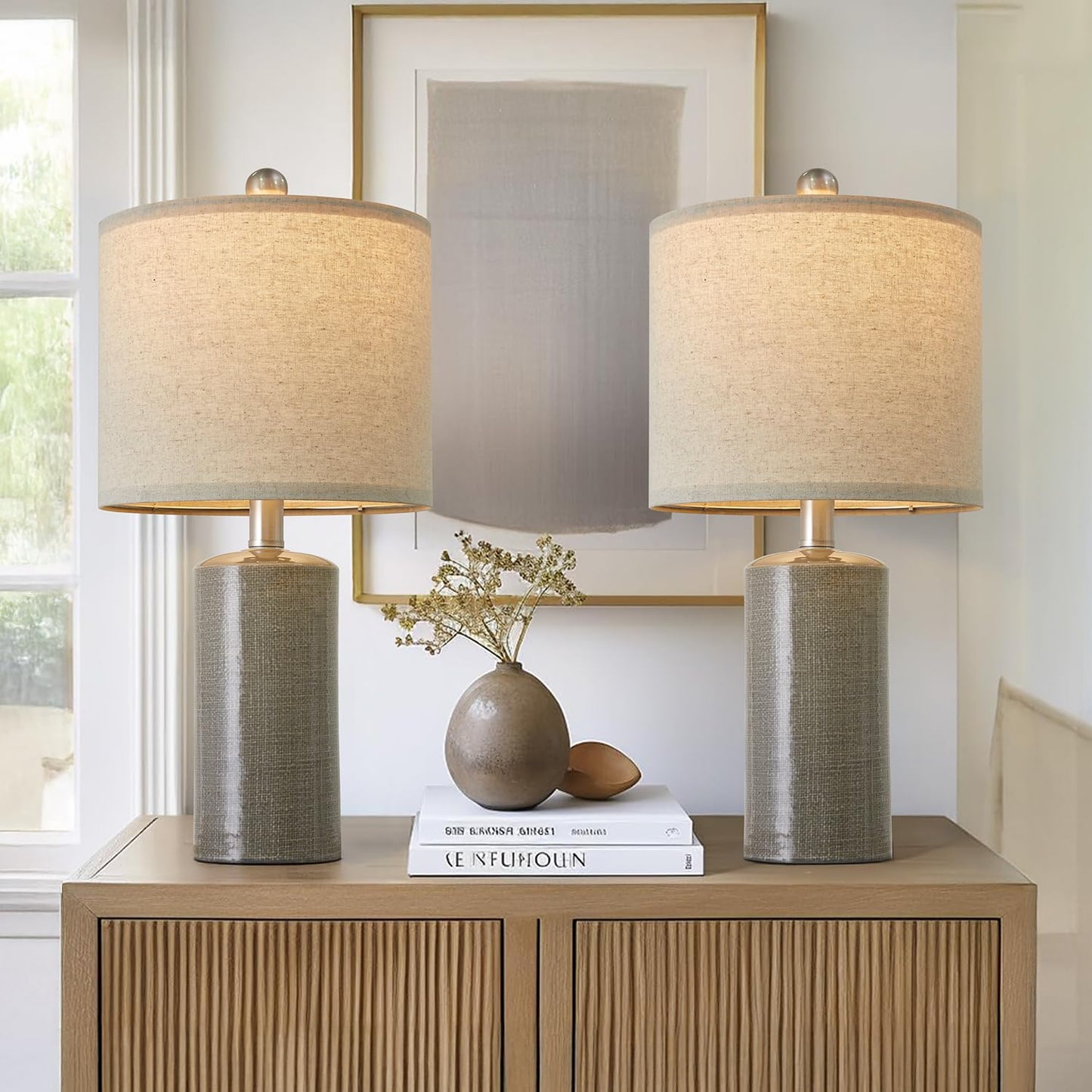 G-SAFAVA 20.25/inch Modern Ceramic Table lamp Set of 2 Small Farmhouse Bedside lamp Dark Grey Nightstand Lamp End Table Lamps for Living Room Bedroom Study Office AMZ-T1109DG0