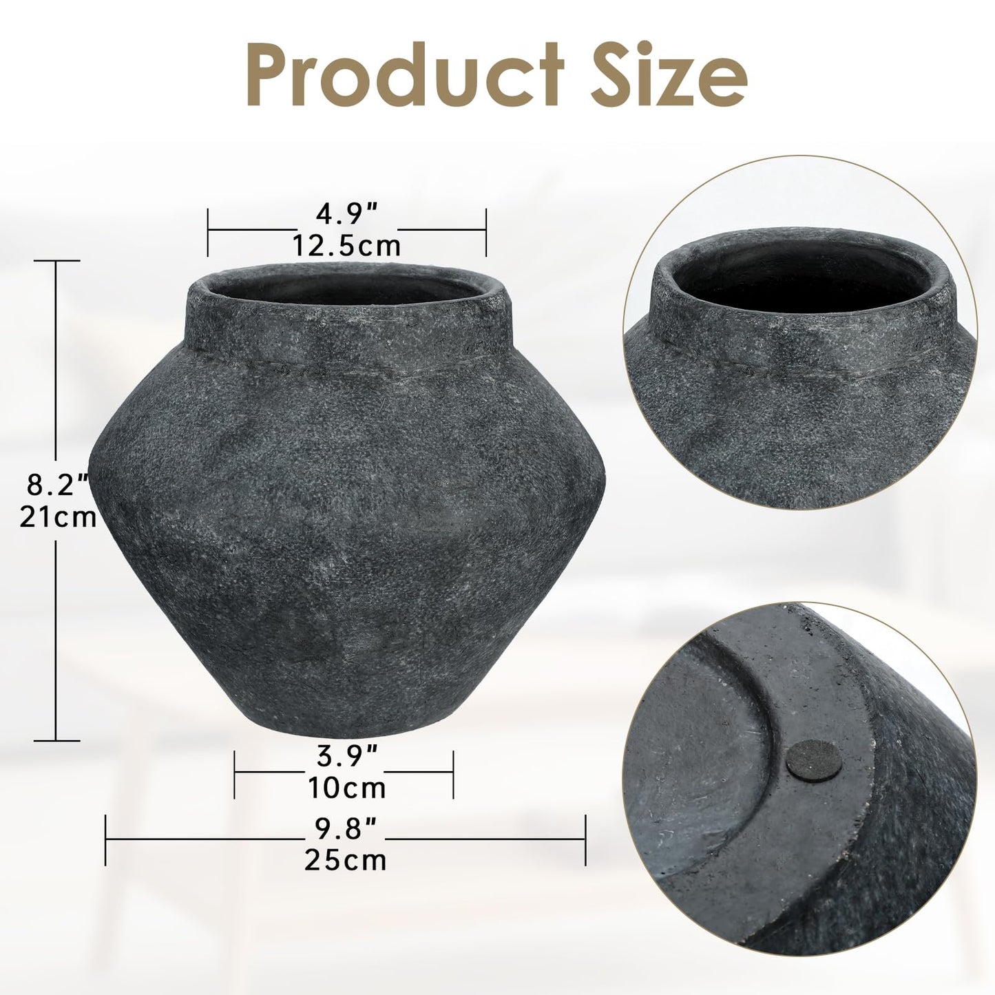 Briful Large Rustic Ceramic Vase with Distressed Finish, 8.2'' Tall Wide-Belly Decorative Flower Vases with Felt Pads, Retro Style Pottery for Home Decor, Table Centerpiece, Black