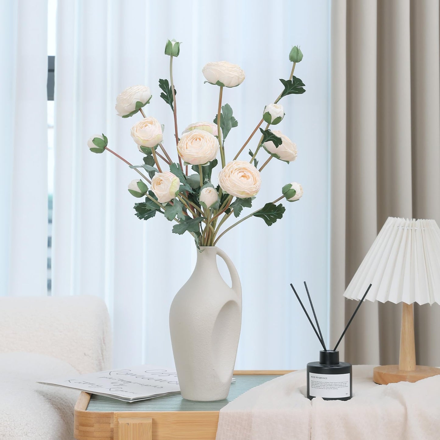 LILUYTO 6Pcs Realistic Silk White Ranunculus Artificial Flowers Long Stems, 23.6" Tall Fake Flowers Faux Flowers Suit for Year-Round Home Decoration, Wedding, Bridal Bouquets, Office