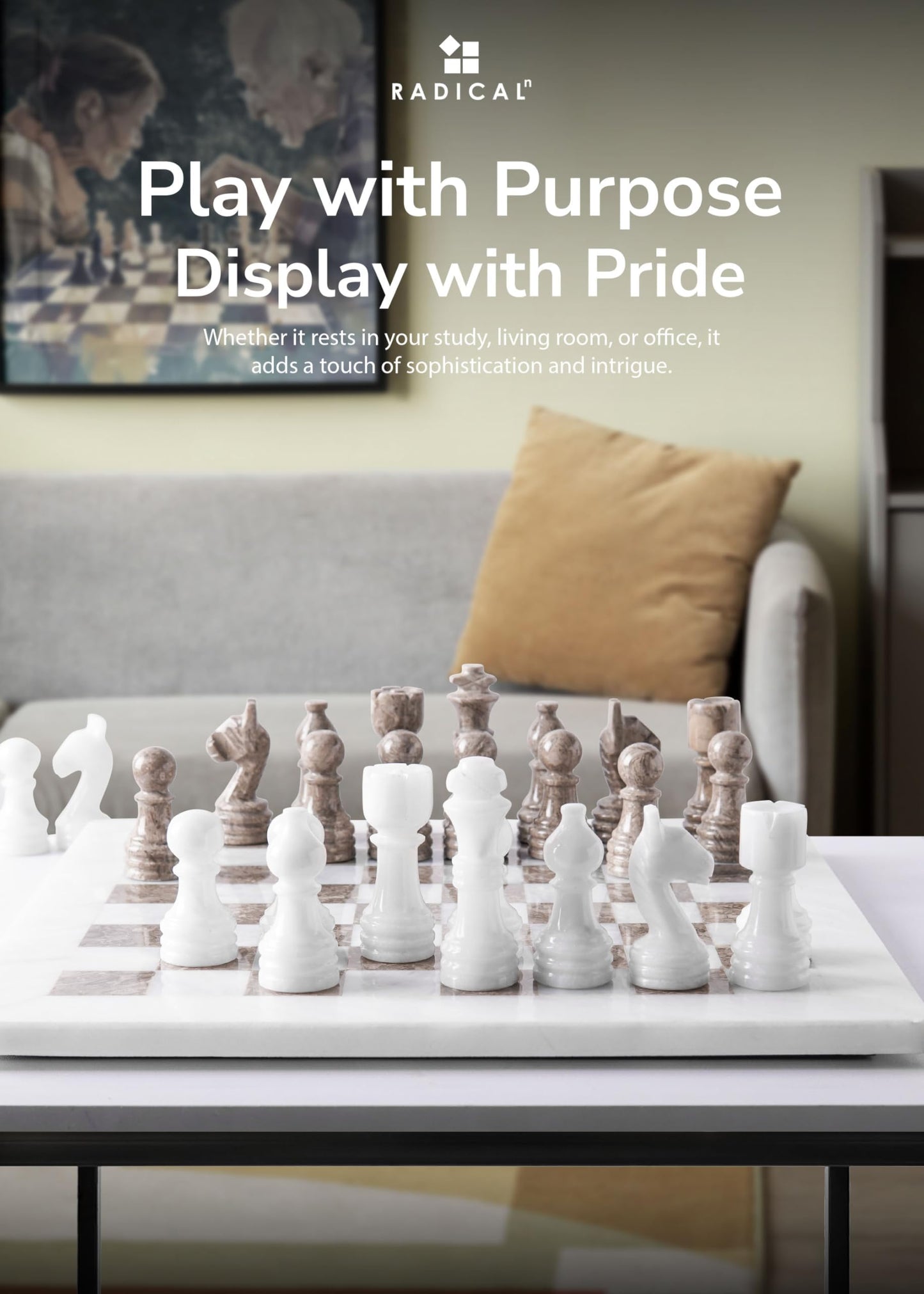 Radicaln Marble Chess Set 12" Inches White and Grey Oceanic Handmade Luxury Board Game for Adults, Classic Stone Chess Board & Pieces, Premium Family Game Night Gift for Home Decor