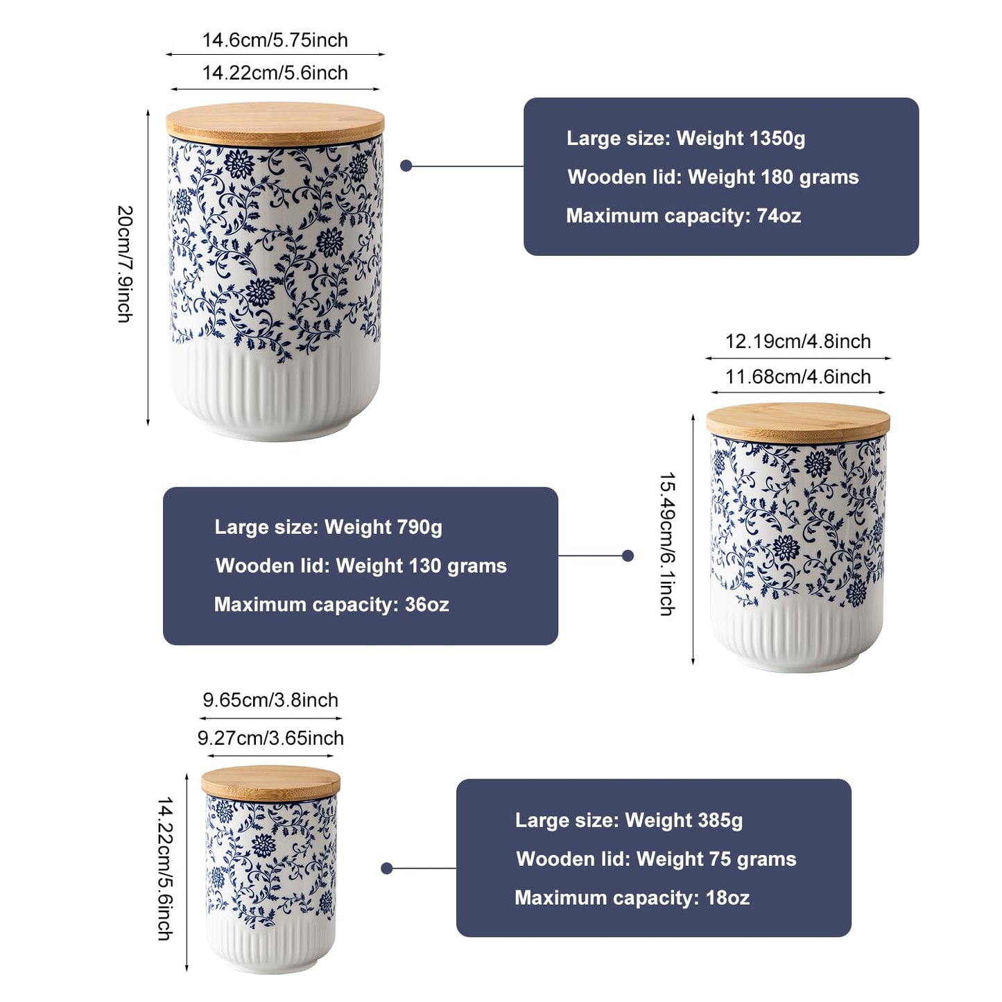 Cerkik Canisters Sets for Kitchen - Ceramic Kitchen Containers for Countertop with Airtight Wood Lids - Flour and Sugar Containers for Coffee Tea Spice Beans Cookie Jars - Blue Set of 3