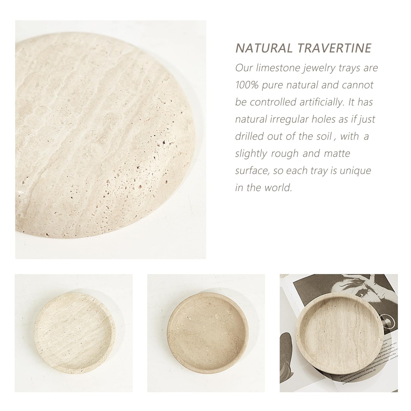 SZGYCSM Travertine Jewelry Dish Tray - Decorative Stone Catchall Bowl for Entryway Table, Keys & Rings Holder, Natural Marble Home Decor Organizer (5.5 Inch)