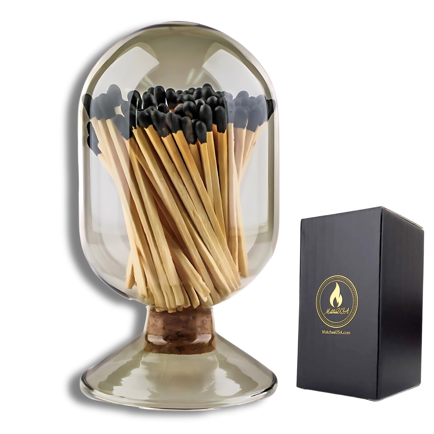 INCLUDES MATCHES ! | Smoke Gray Glass Matches Cloche | Grey Tinted Decorative Match Holder Jar for Candles Set Display (Black Matches)