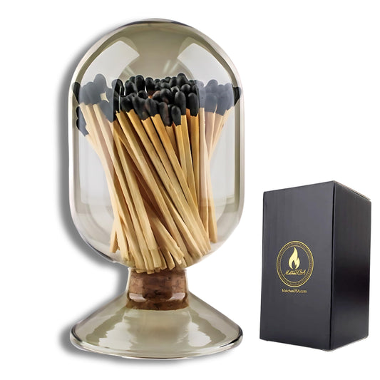 INCLUDES MATCHES ! | Smoke Gray Glass Matches Cloche | Grey Tinted Decorative Match Holder Jar for Candles Set Display (Black Matches)