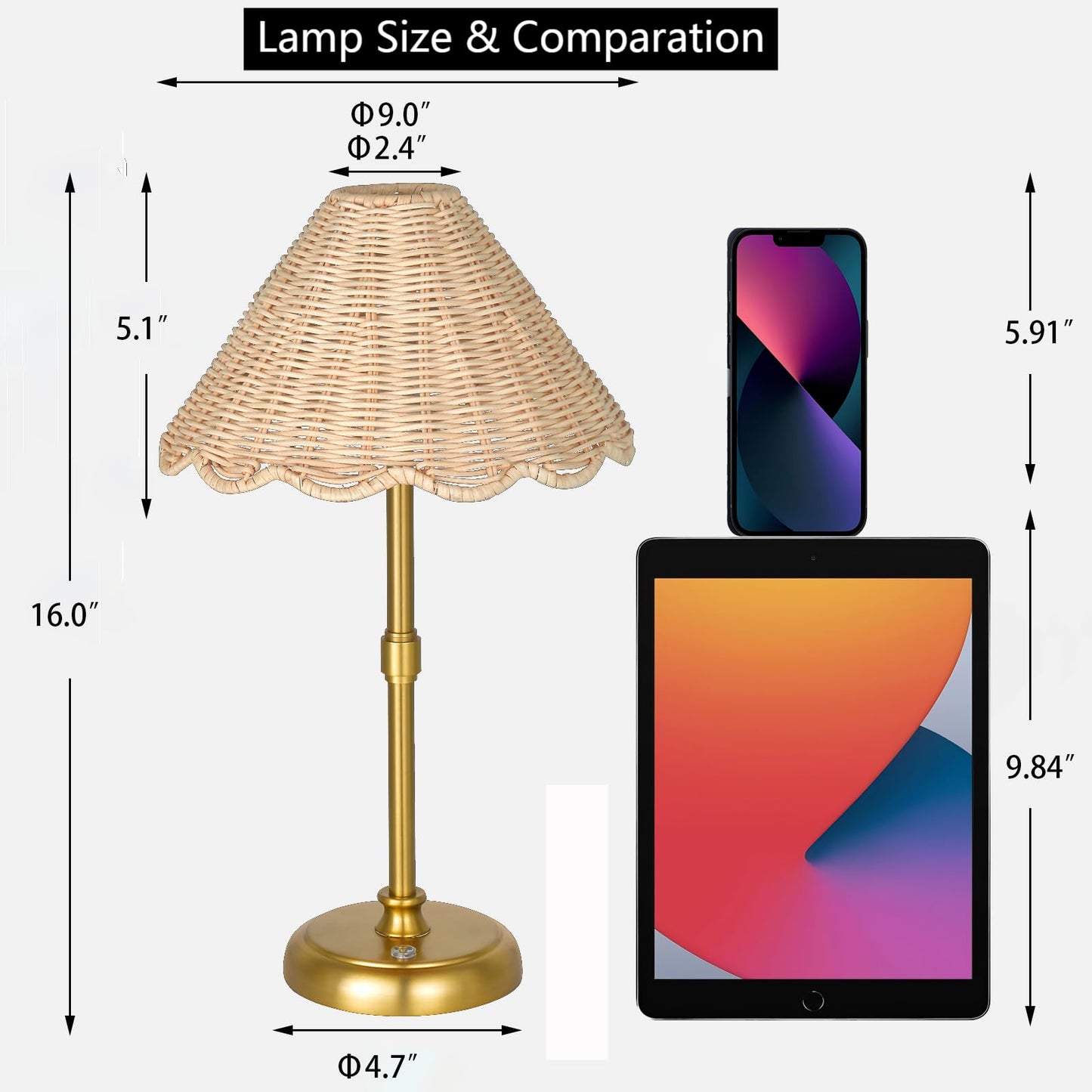 Folux Cordless Boho Rattan Table lamp, 5200-mAh Rechargeable Battery, 3-level Brightness Dimmable, Build-in Integrated LED 320 Lumen Max, Rattan Shade, for Bedside Restaurant Resort Hotel Dining Table