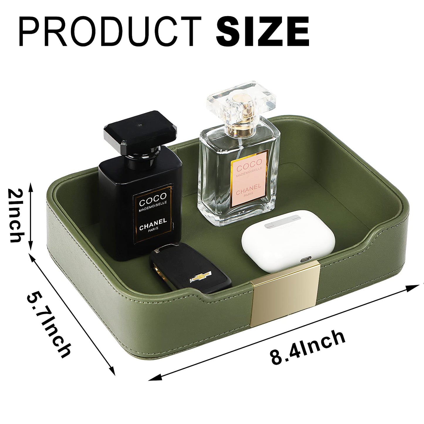 SANZIE Luxury Leather Tray Desktop Storage Catchall Organizer Decorative Tray for Entryway Table to Hold Jewelry Watch Keys Phone Wallet (Metal Glided, Green)