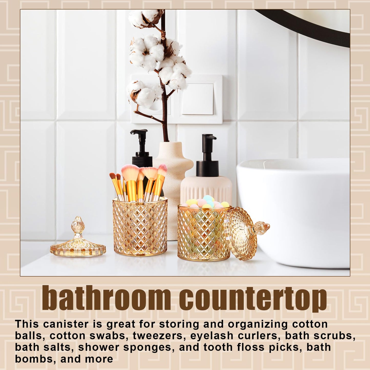 Aoriher 4 Pcs Crystal Glass Candy Jar Set with Lids Home Decorative Storage Jars for Apothecary, Bathroom, Kitchen, and Pantry, Ideal for Cotton Swabs and Jewelry(Large,Amber)