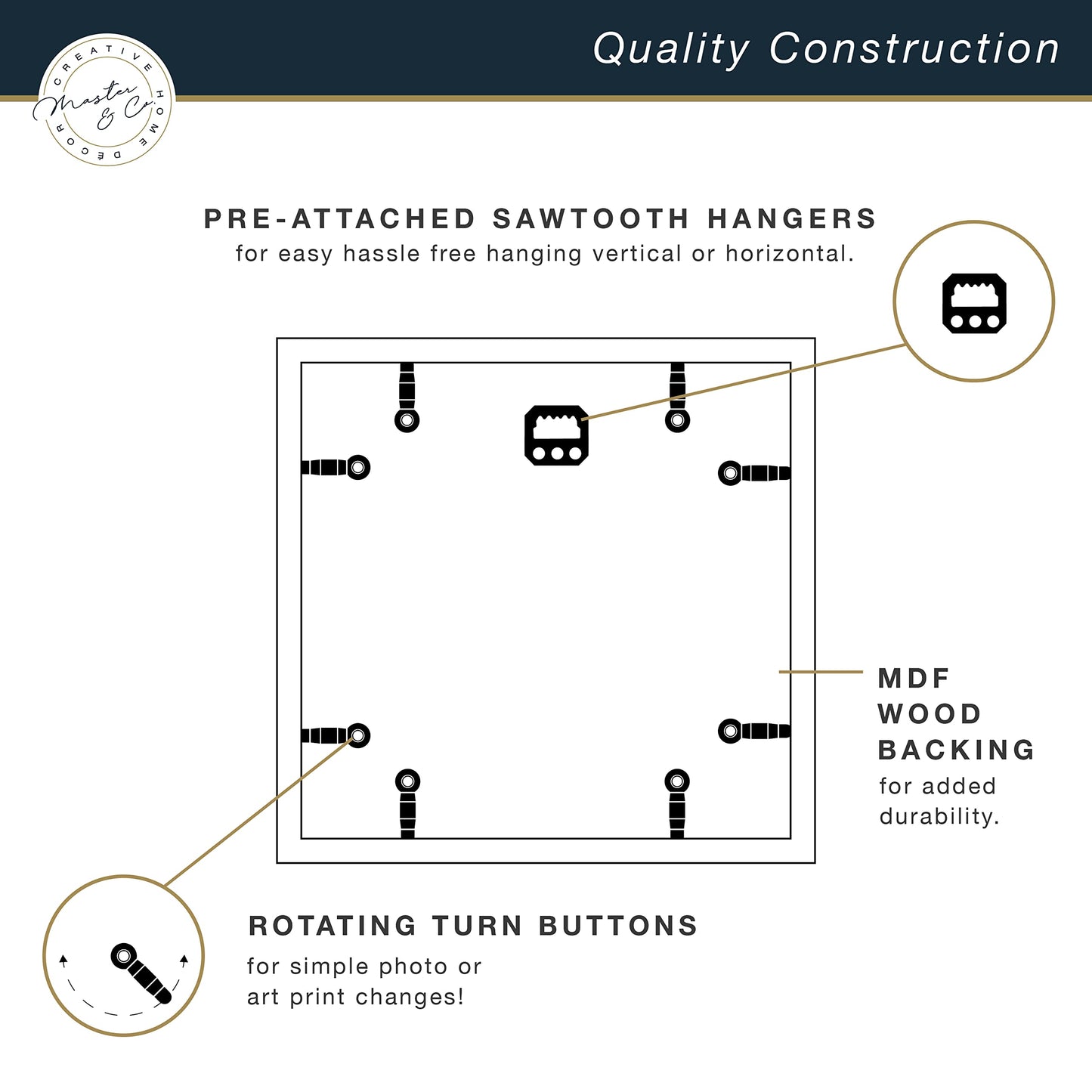 MCS Master & Co. Foundry Metal 18x18 Matted Picture Frame with 8x8 Photo Display, Black Vertical & Horizontal Wall Hanging Frame for Photos & Artwork (1-Pack)