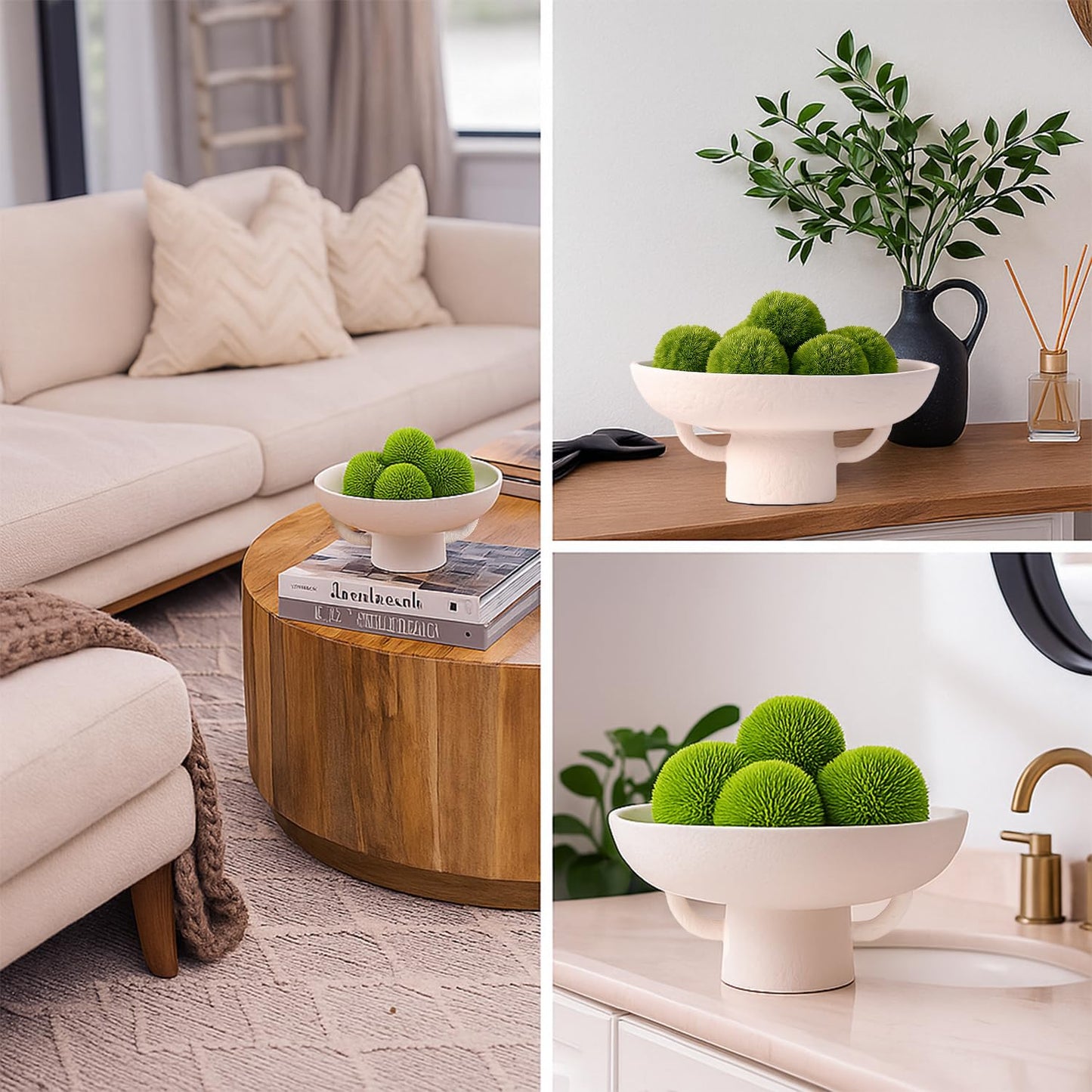 Luxurious White Textured Ceramic Bowl and Greenery Set,12.5x10.5 Inch Pedestal Decorative Bowl, with 6 Green Succulent Moss Balls, Counter Top, Farmhouse Table Centerpiece, Living Room, Kitchen Decor