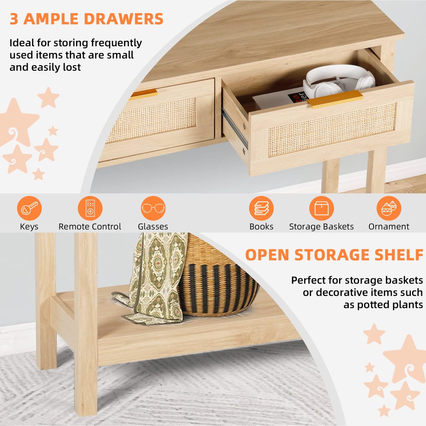 LAZZO Rattan Console Table Boho Entryway Table Narrow Long Sofa Table Hallway Foyer Behind Couch Table with 3 Drawers and Open Storage Shelf for Living Room and Corridor Natural Wood