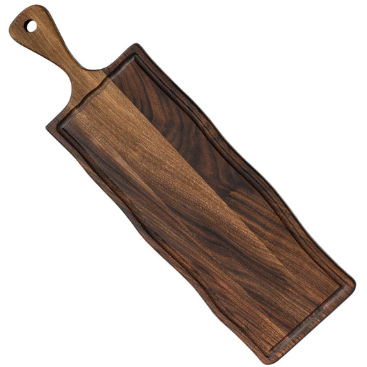 Elegant American Black Walnut Wood Long Serving Board with Handle - Charcuterie Wooden Board - Stylish Versatility for Culinary Delights - Reversible with Juice Groove - 19x6x0.8 in - Woodie Poppins