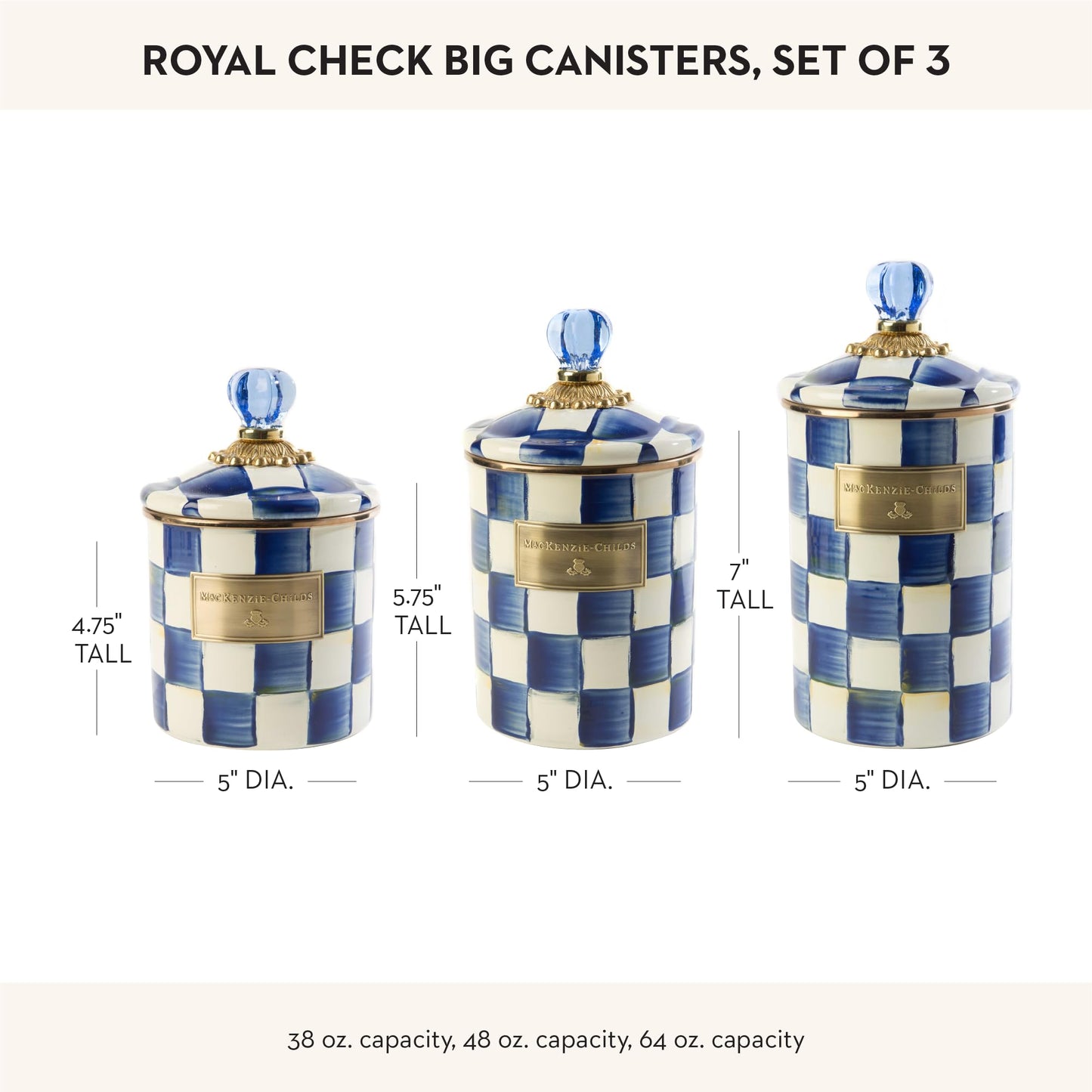 MACKENZIE-CHILDS Enamel Canister Set, Small (38 oz.), Medium (48 oz.), and Large (64 oz.) Kitchen Containers, Blue-and-White Royal Check