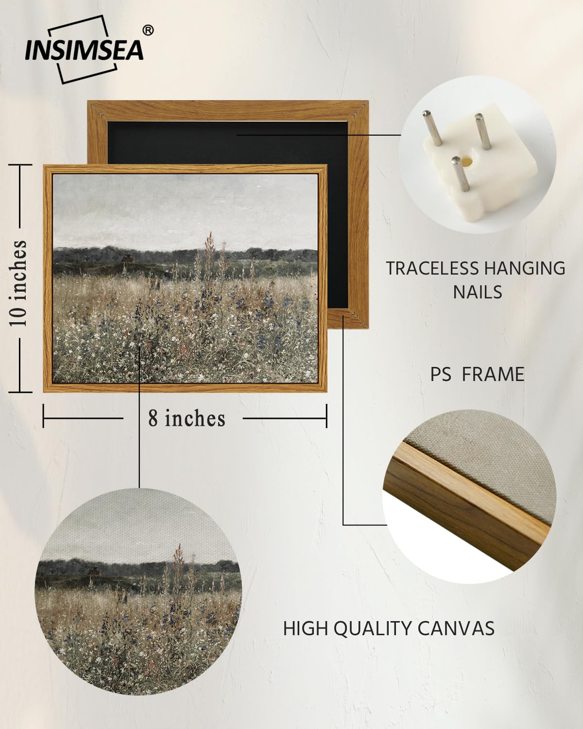 InSimSea Framed Canvas Wall Art, Meadow with Flowers Painting, Landscape for Living Room, Bedroom, Home, Bathroom Decor, 8x10